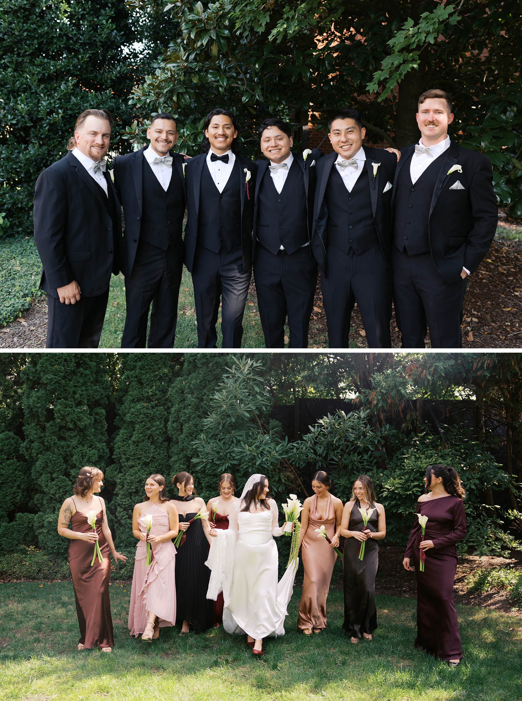 A groom smiles with his groomsmen in matching black suits above his bride walking with her bridesmaids in the garden