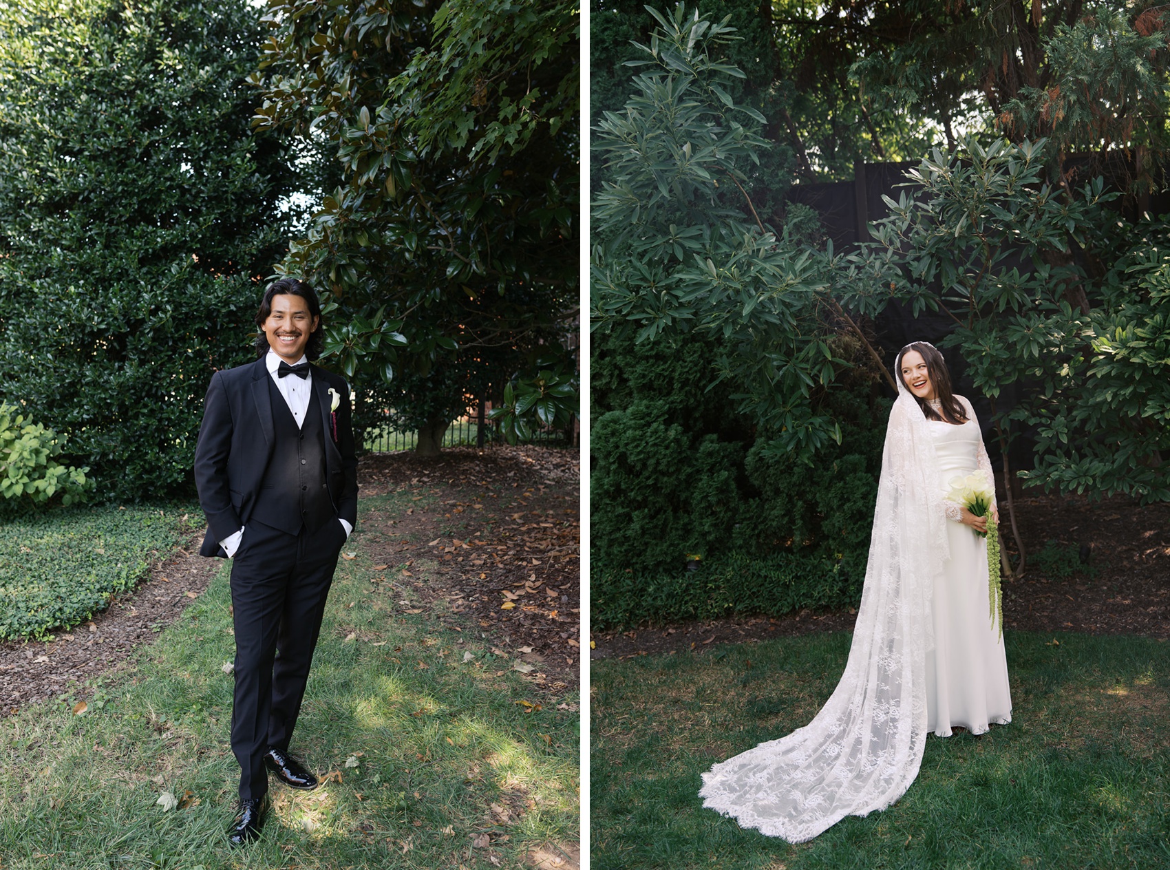 A bride and groom laugh while standing in two pictures in a garden