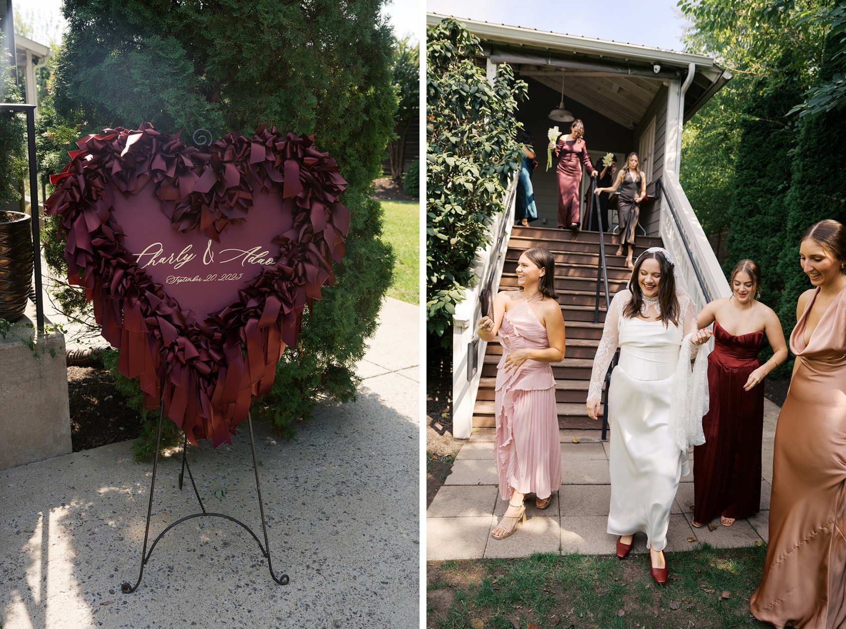 A bride is helped by bridesmaids down the stairs next to a custom heart shaped welcome sign at the cordelle nashville