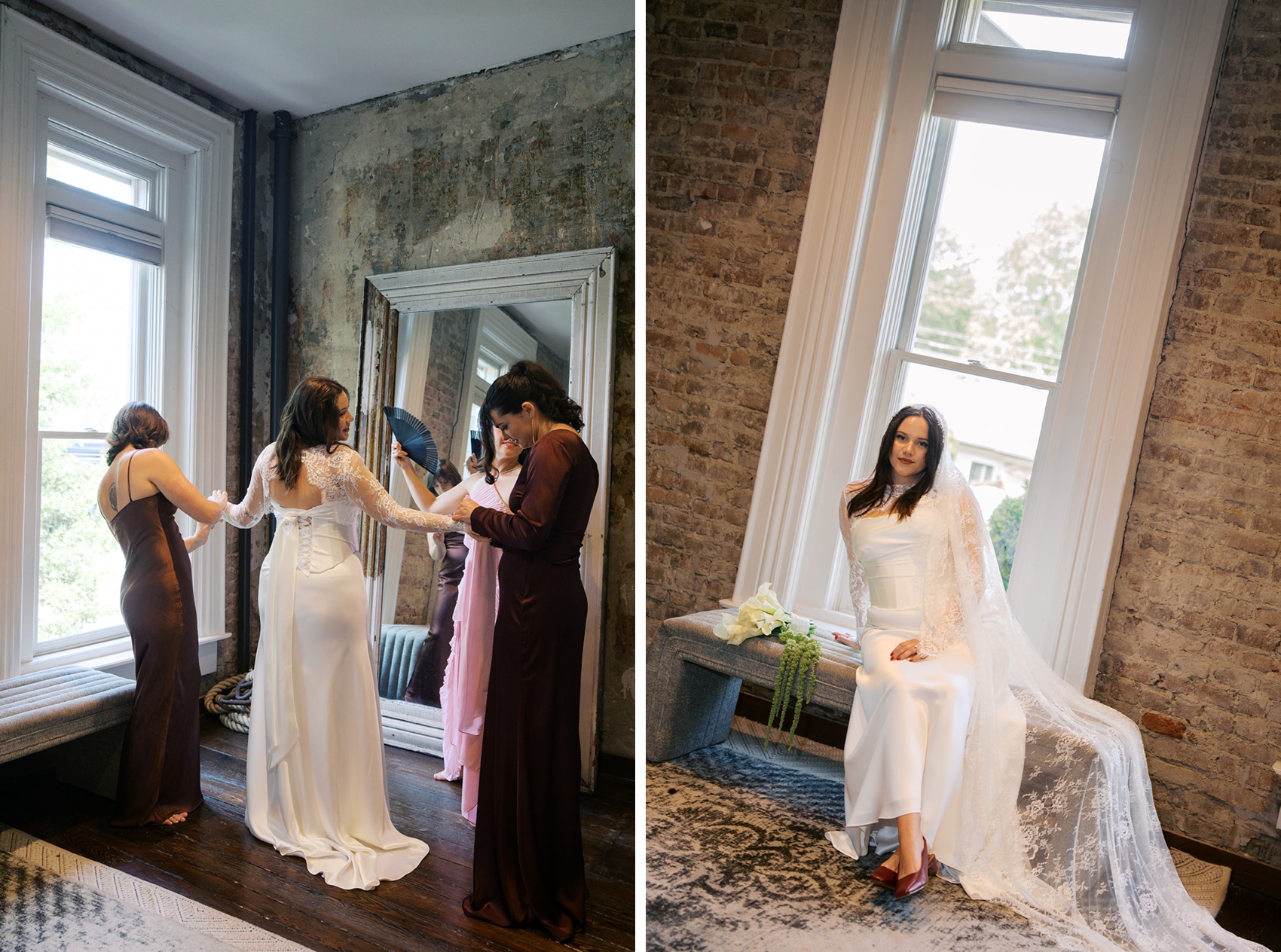 A bride lounges on a bench next to her bridesmaids helping her get her gown on in a mirror