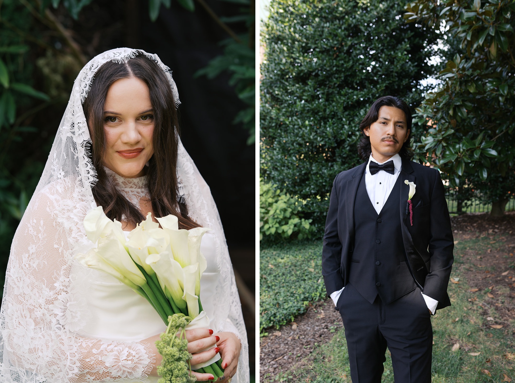 A bride in her lace veil next to the groom with hands in his pockets in the garden