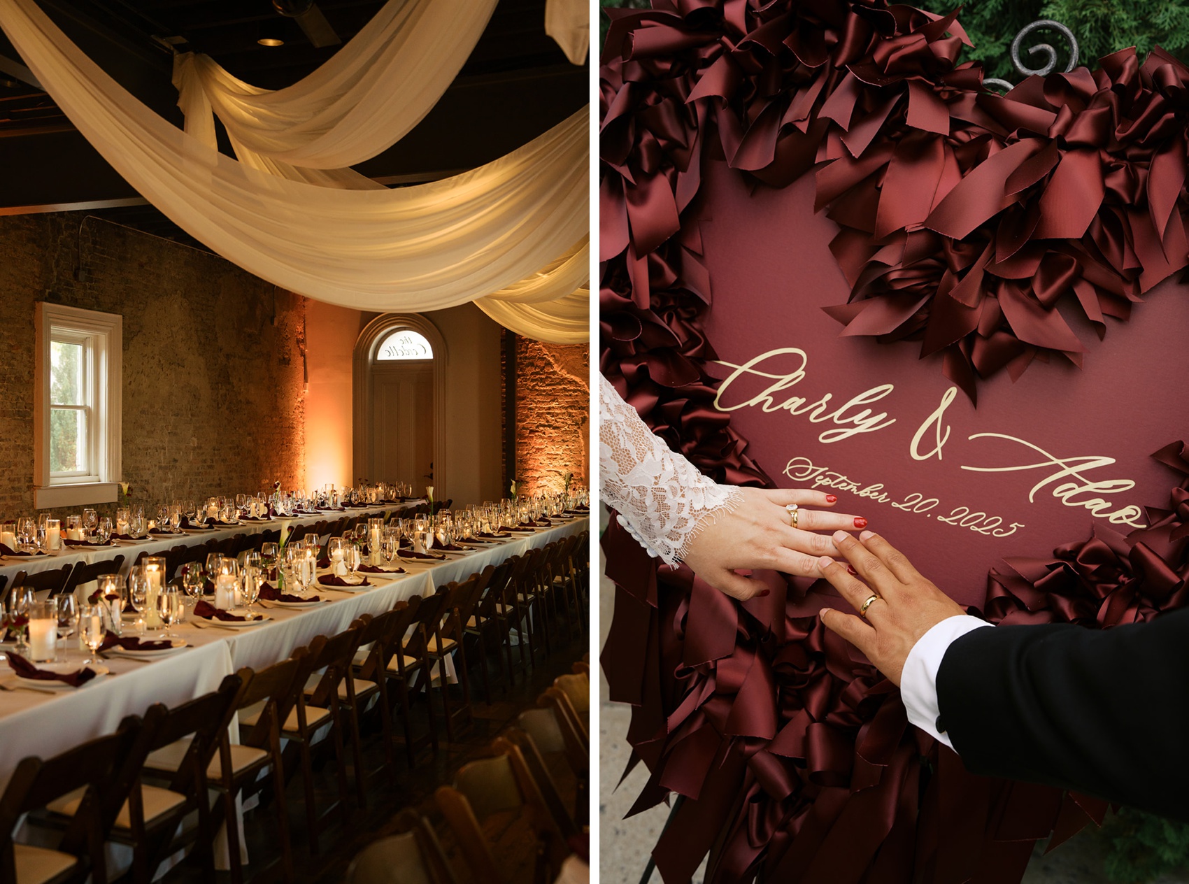 Details of a reception set up with candles on long tables next to newlywed's hands on their maroon welcome sign