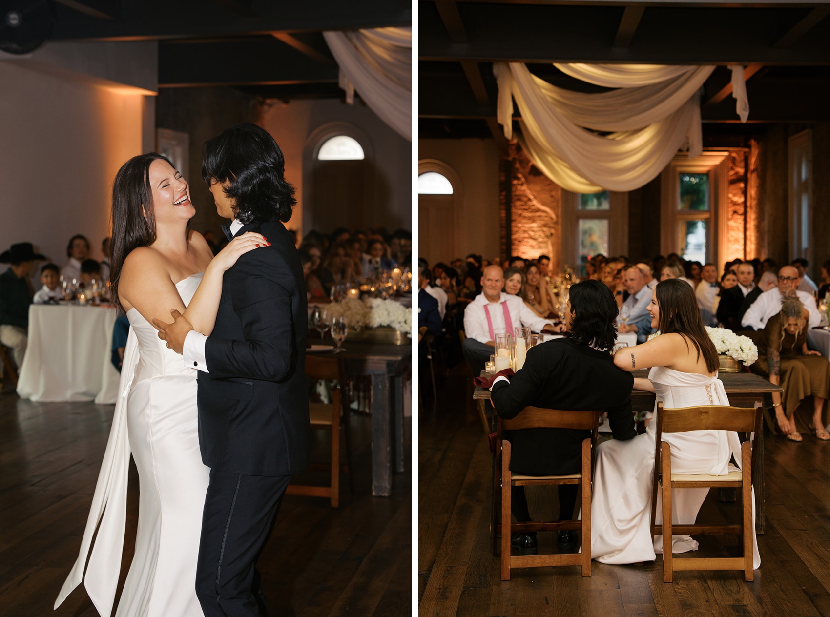 Newlyweds laugh and dance at their wedding reception at the cordelle nashville