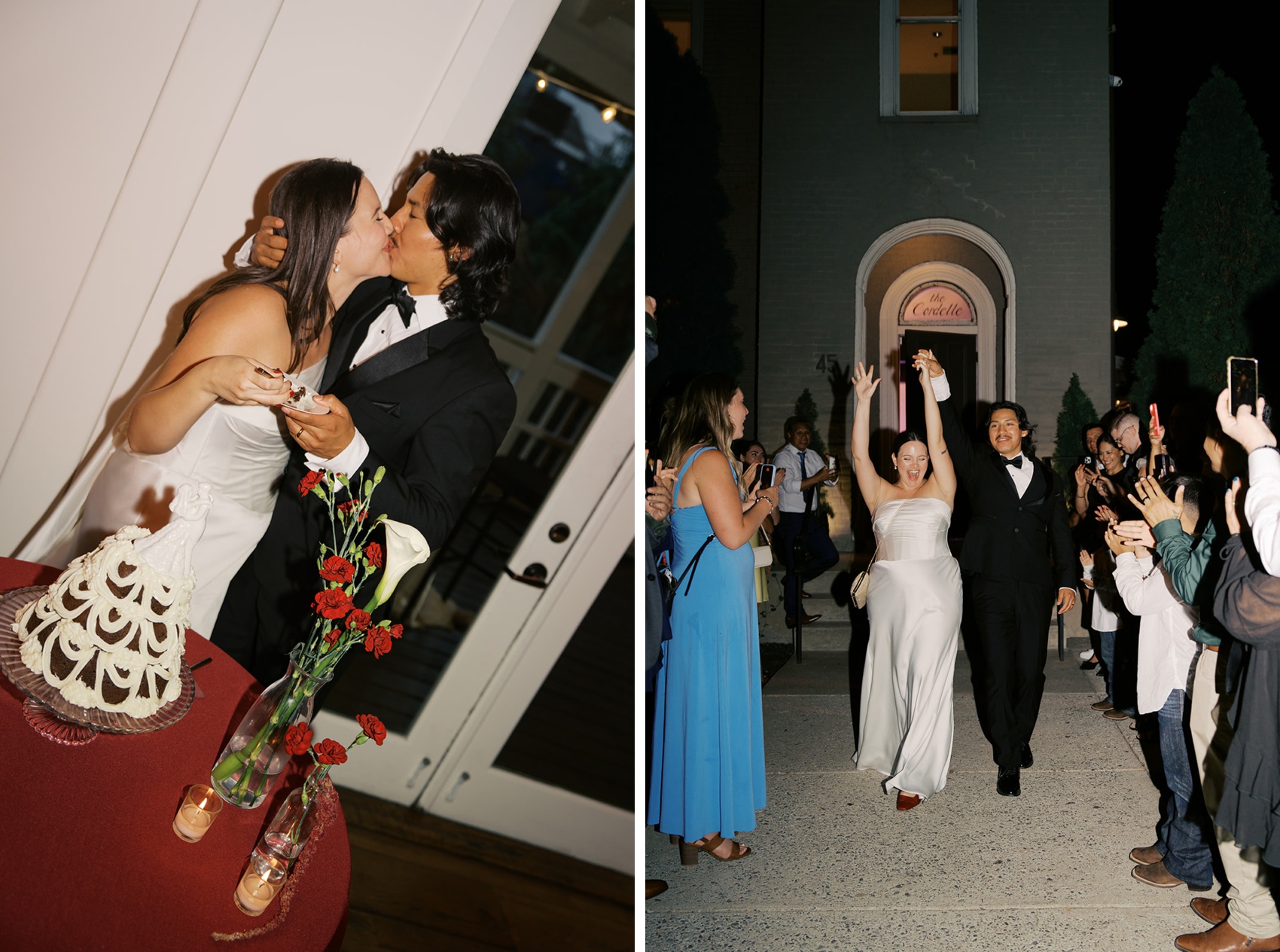 Newlyweds kiss while cutting their cake next tot hem holding hands up in the air while exiting their reception