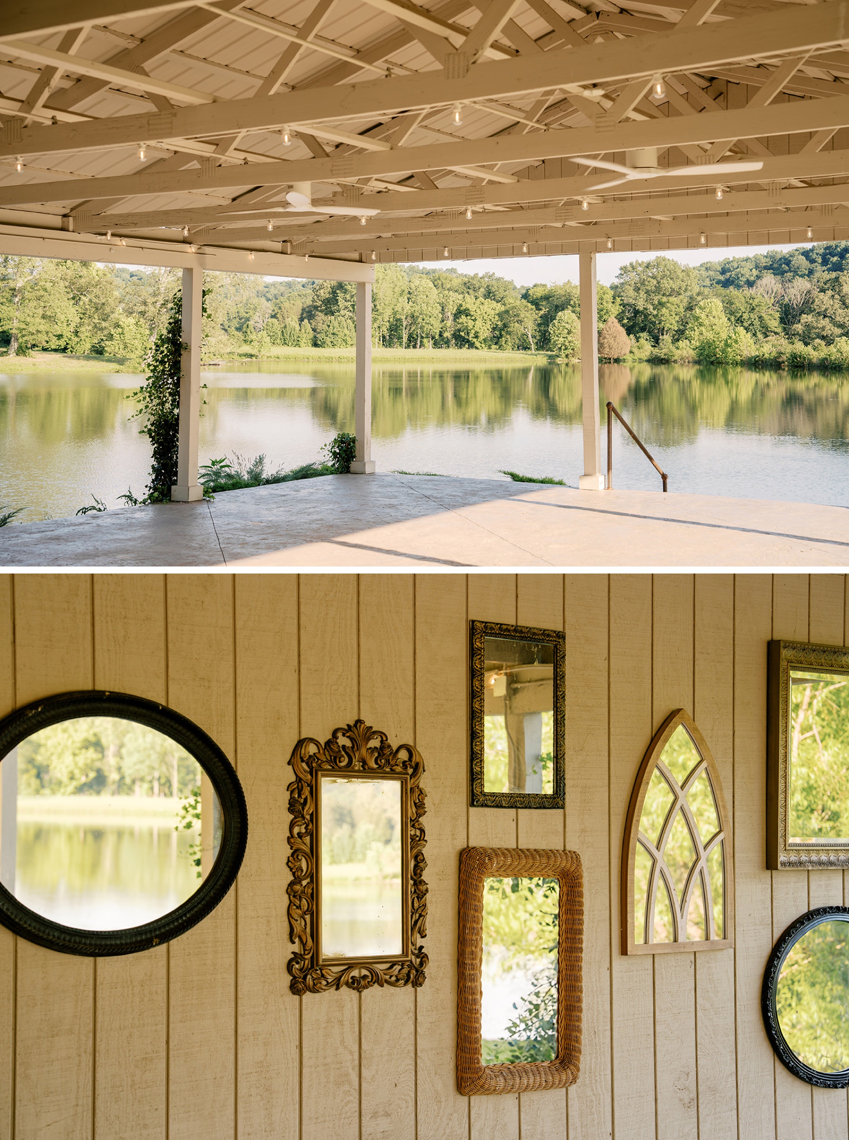 Details of the waterfront gazebo above a wall of antique mirrors at the eden estate