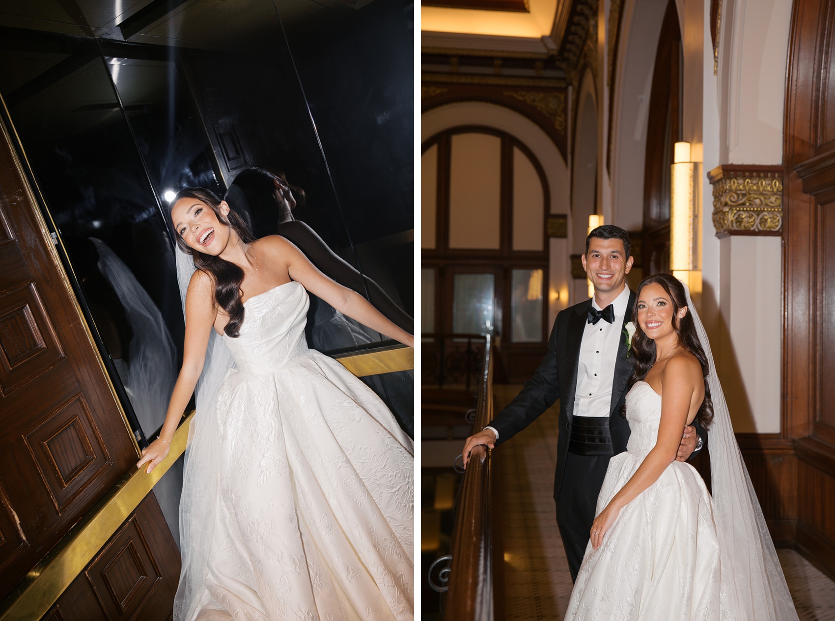 A bride leans in the corner of an elevator next to her and her groom smiling together at their union station wedding in nashville
