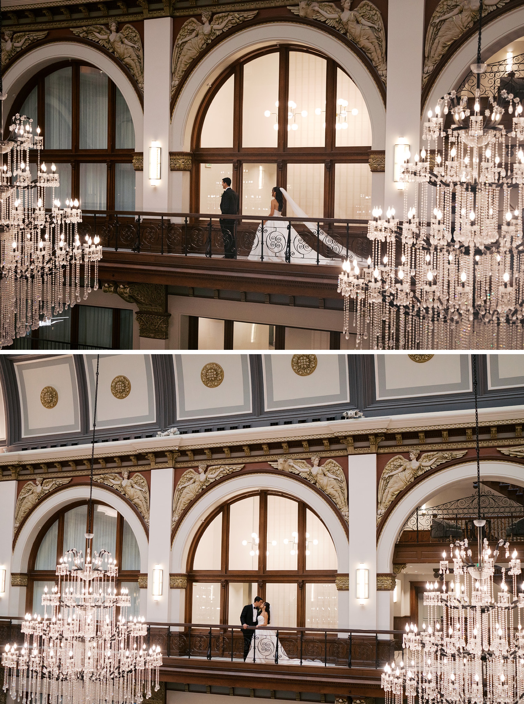 A bride and groom walk across a luxurious balcony at their union station wedding in nashville