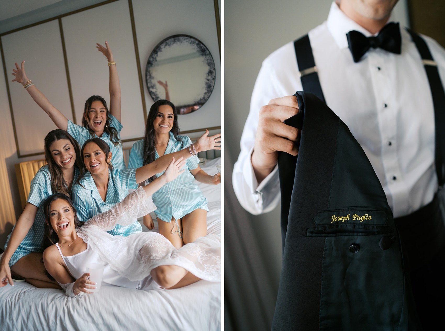 A groom's custom monogramed tuxedo jacket next to the bride celebrating in pajamas with bridesmaids on a bed