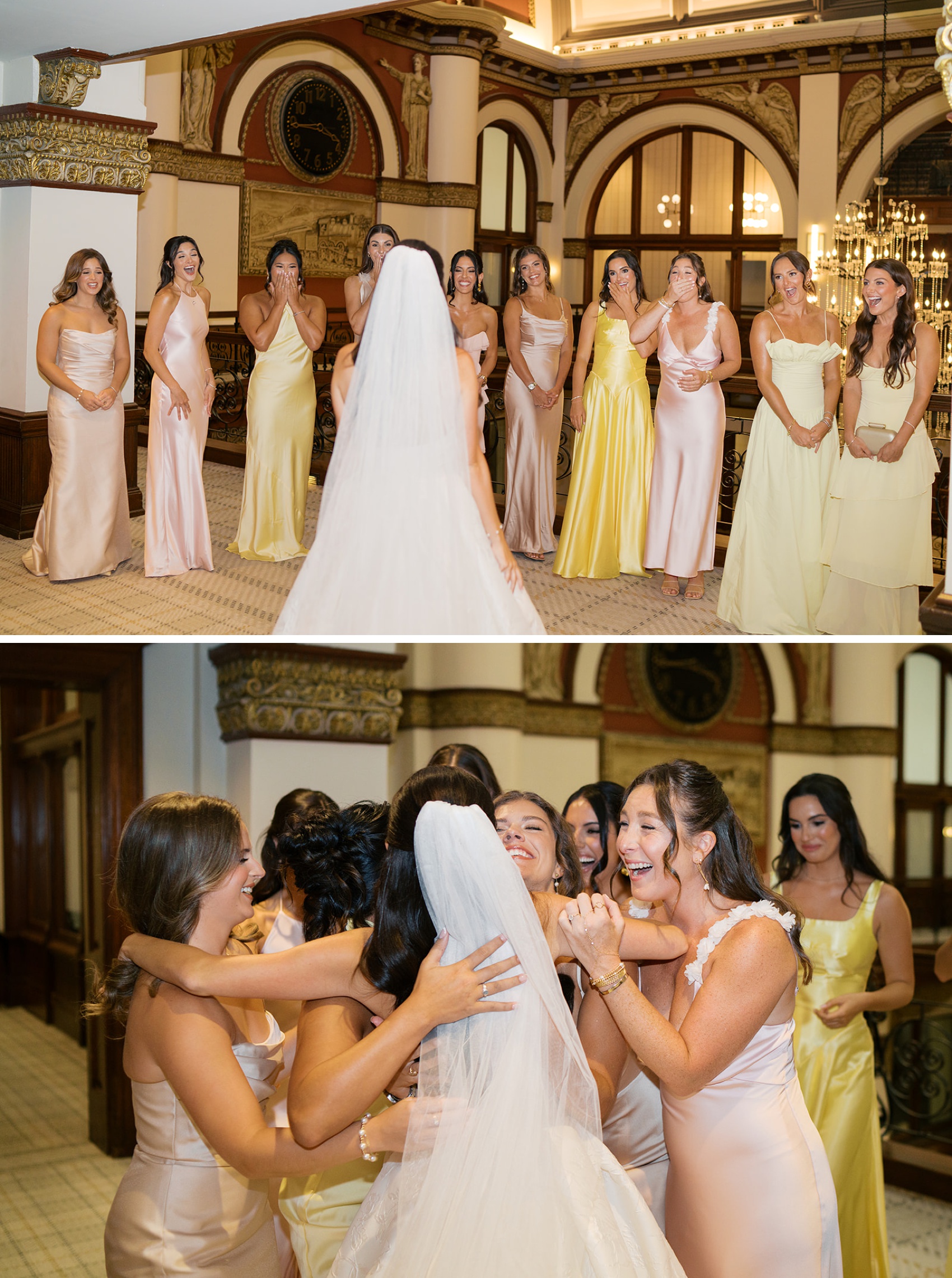 Bridesmaids celebrate and cheer seeing the bride in her gown for the first time in pink and yellow gowns