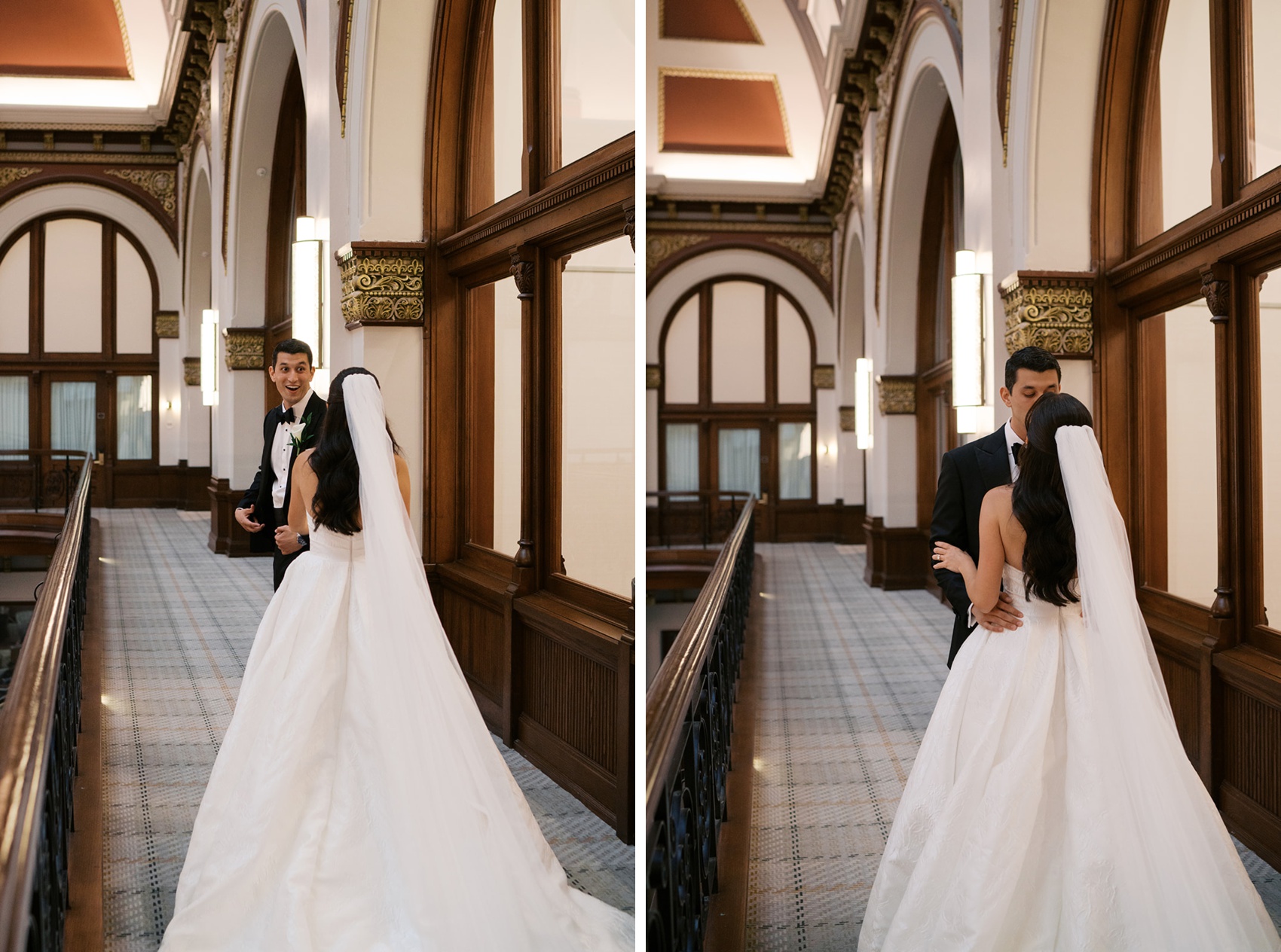 A bride and groom laugh and kiss on the ornate balcony of their union station wedding in nashville