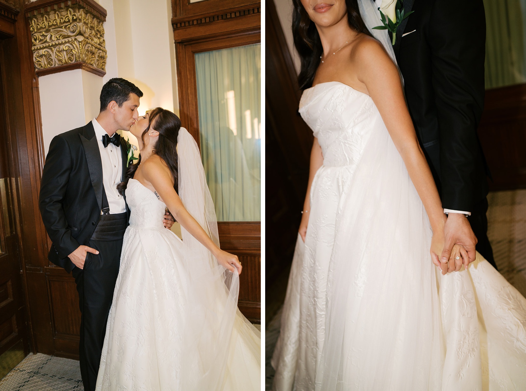 Newlyweds kiss in a hallway next to them holding hands