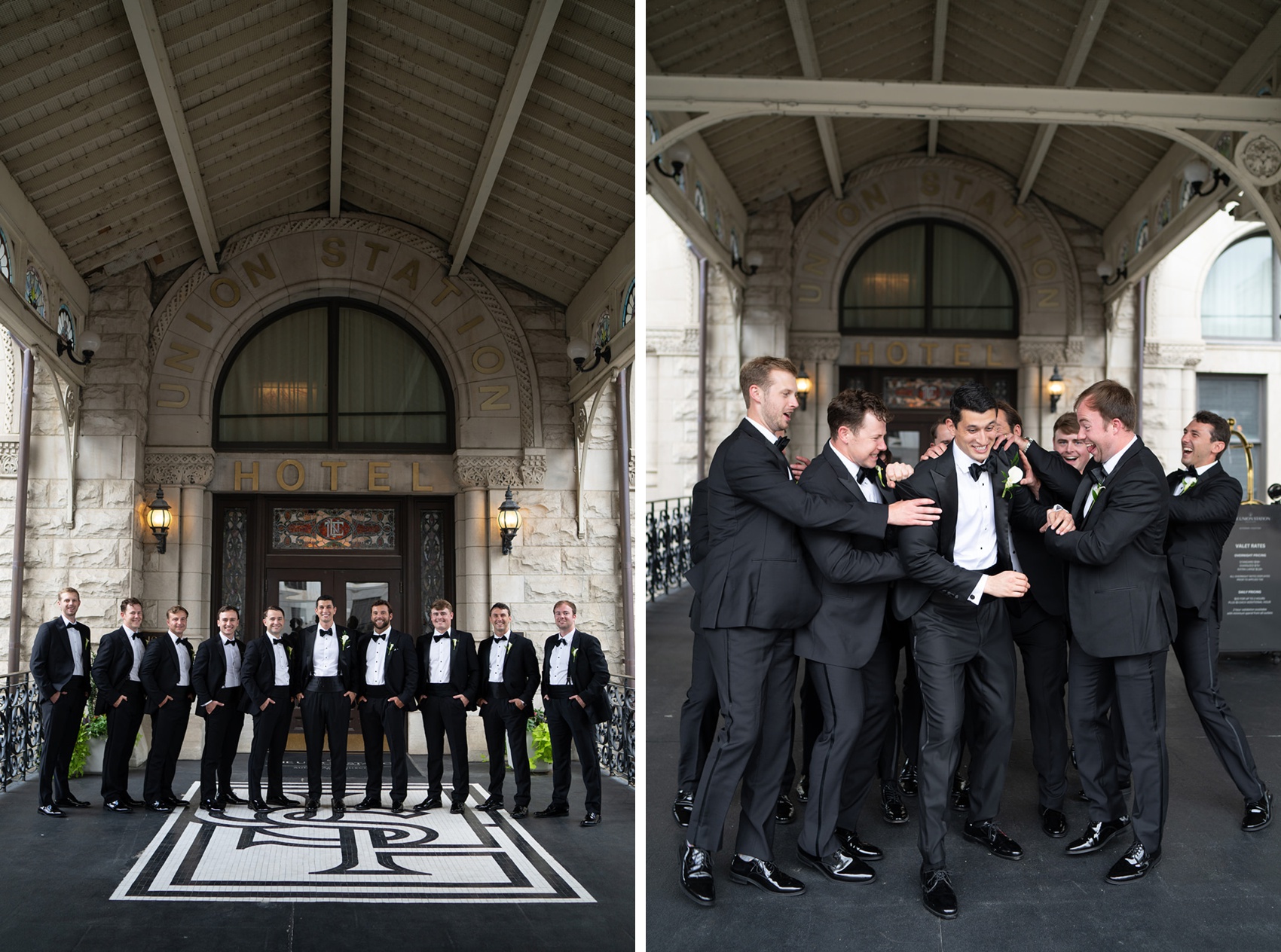 A groom stands smiling at the hotel entrance with his many groomsmen next to them all patting him on the shoulders