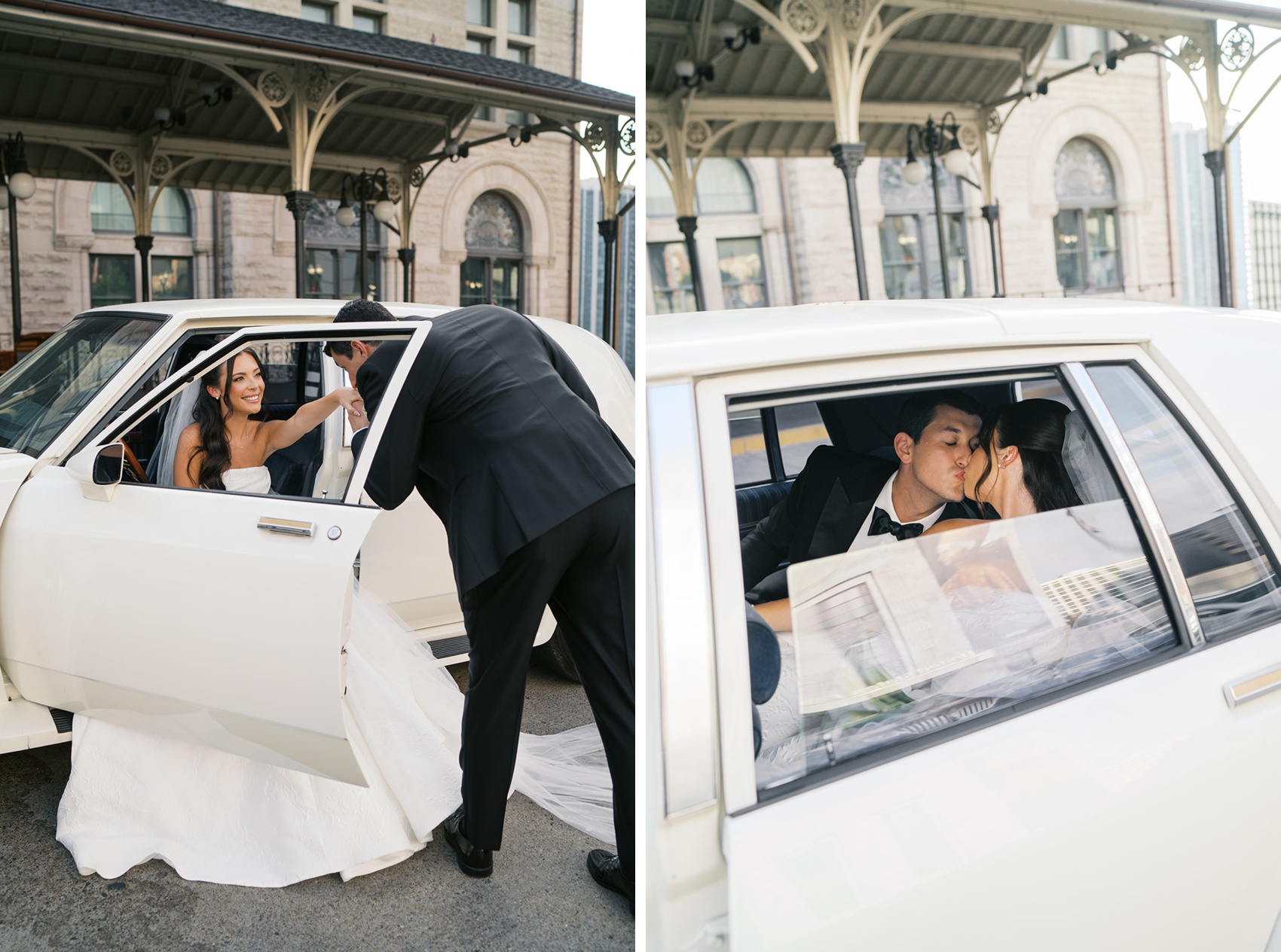 A bride and groom kiss in the back of a vintage car next to the bride sitting and groom kissing her hand in the front seat at their union station wedding in nashville