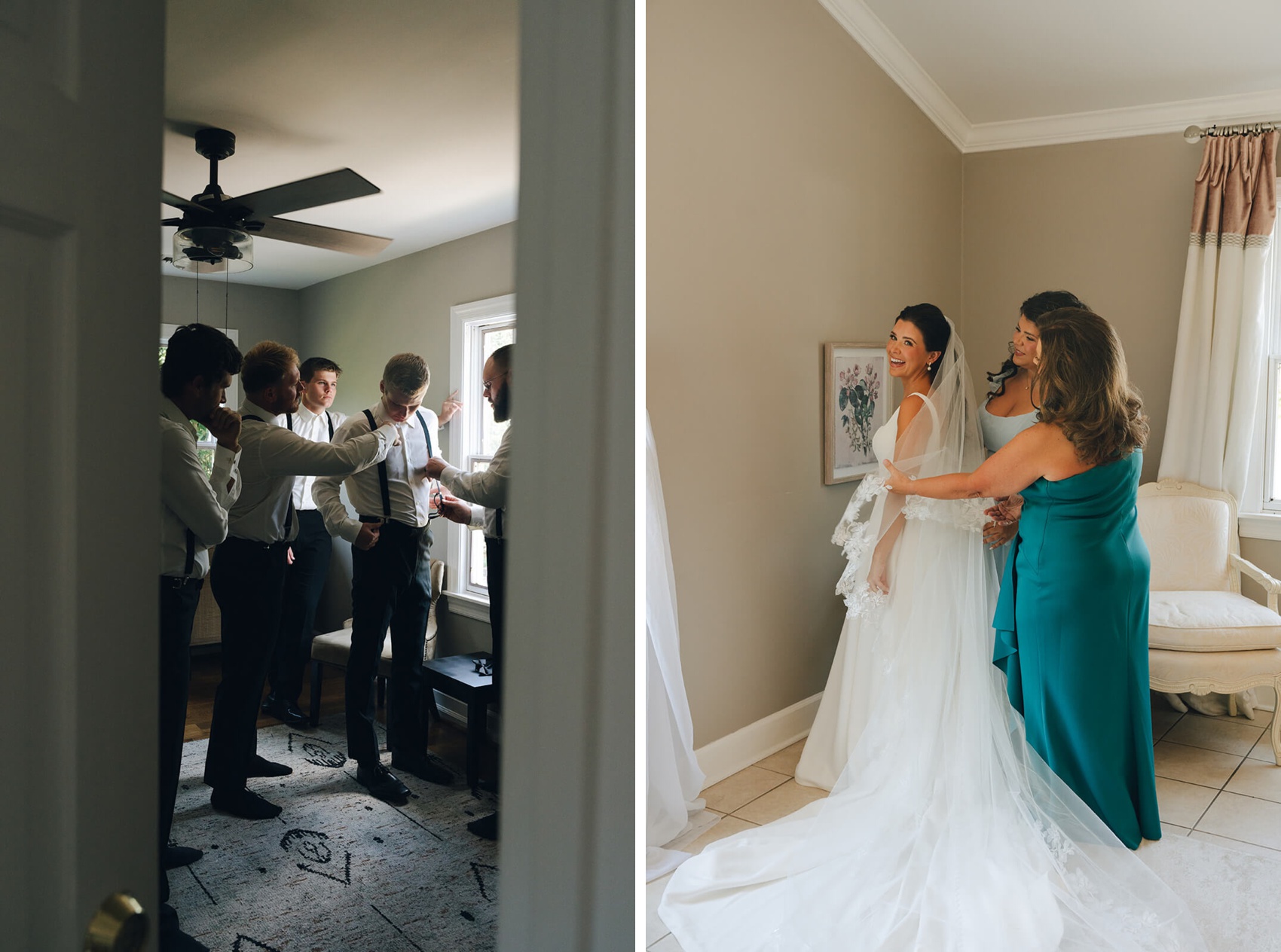A groom is helped by his groomsmen to put on suspenders in a window while the bride is dressed by mom in her getting ready room at their Dara's Garden wedding