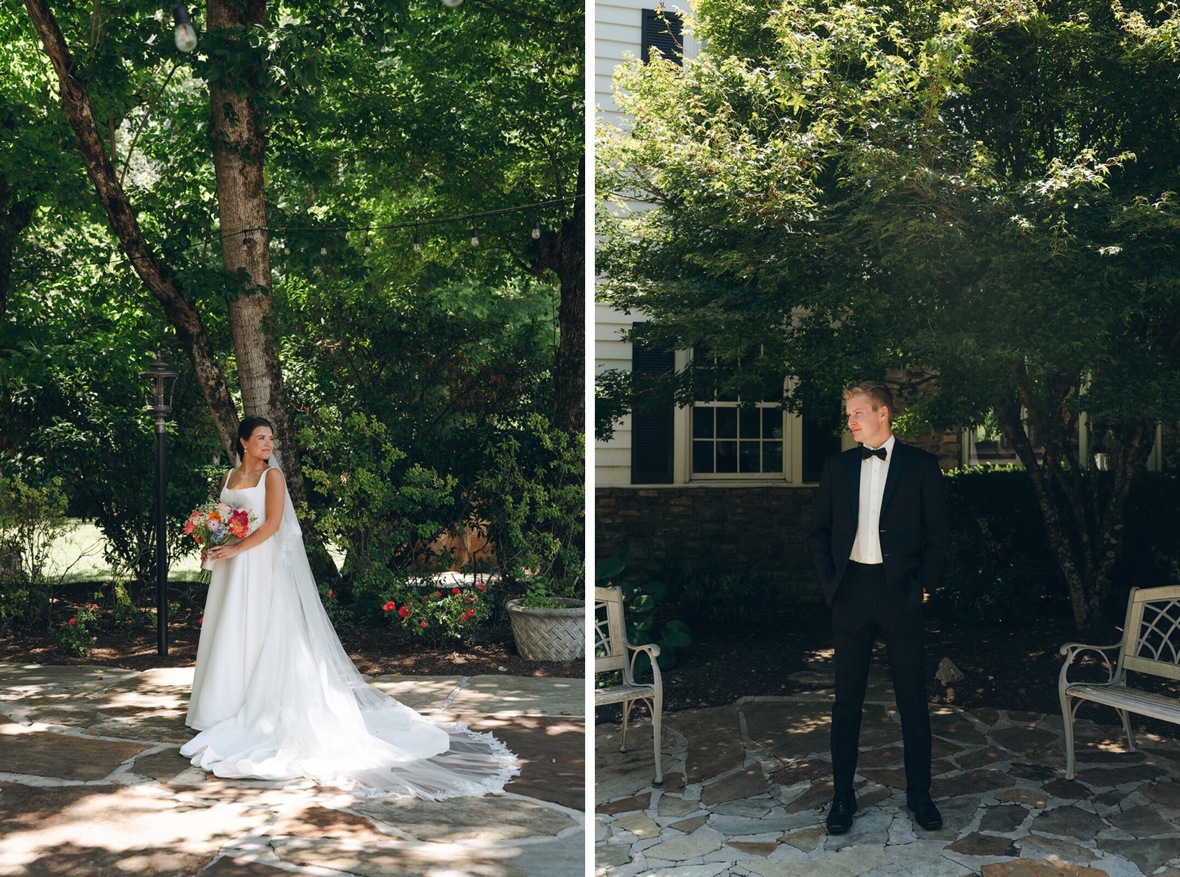 a bride smiles over her shoulder next to her groom standing in a black tux with hands in pockets in a patio of the Dara's Garden wedding venue