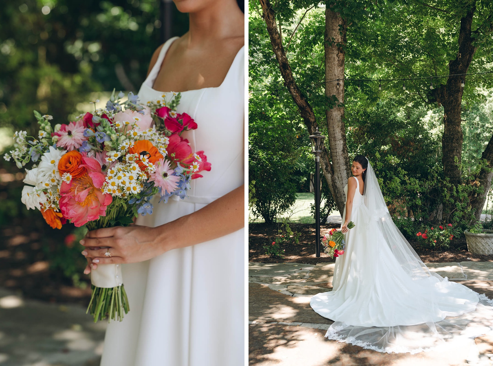 a bride smiles down her shoulder while holding her colorful bouquet