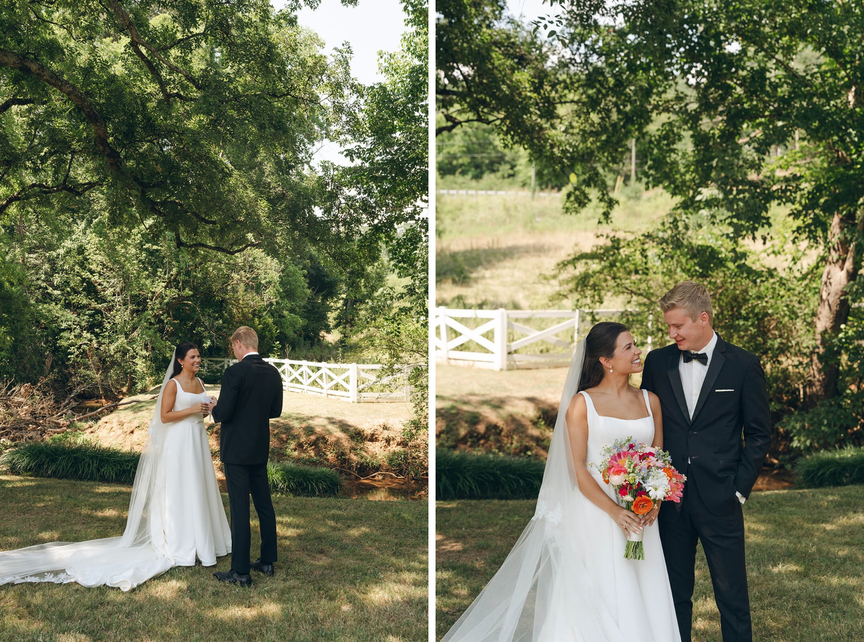 A bride and groom smile at each other by a creek under mature trees during their first look at their Dara's Garden wedding