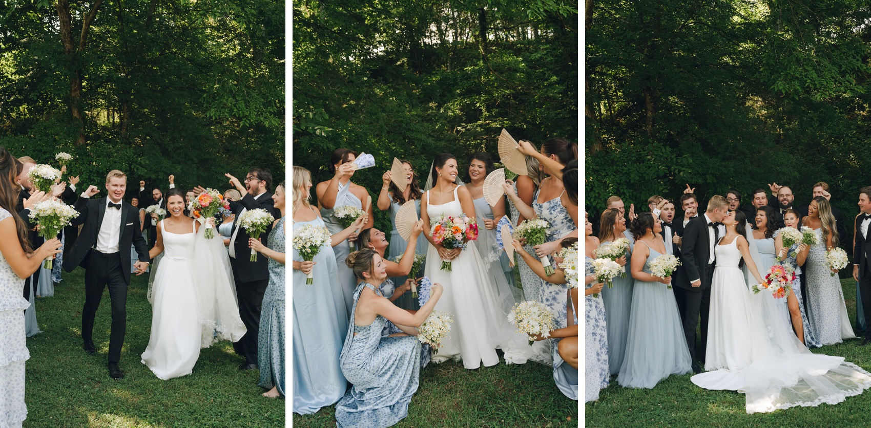 Three images of the bride and groom celebrating, smiling and kissing with their wedding party in the gardens