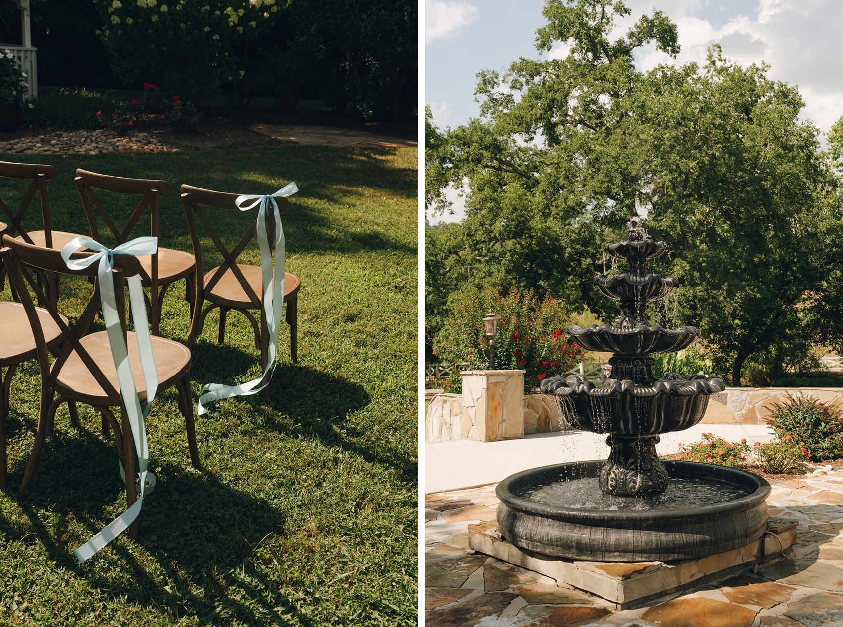 Details of wooden chairs for an outdoor ceremony with blue ribbons and a fountain at the Dara's Garden wedding venue