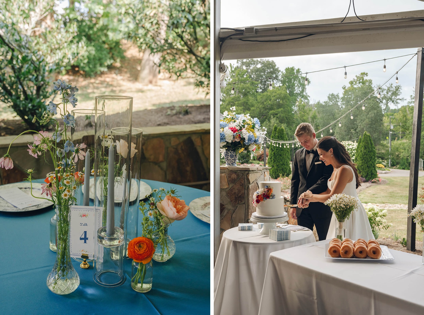 A bride and groom smile while cutting their cake during their outdoor tent reception