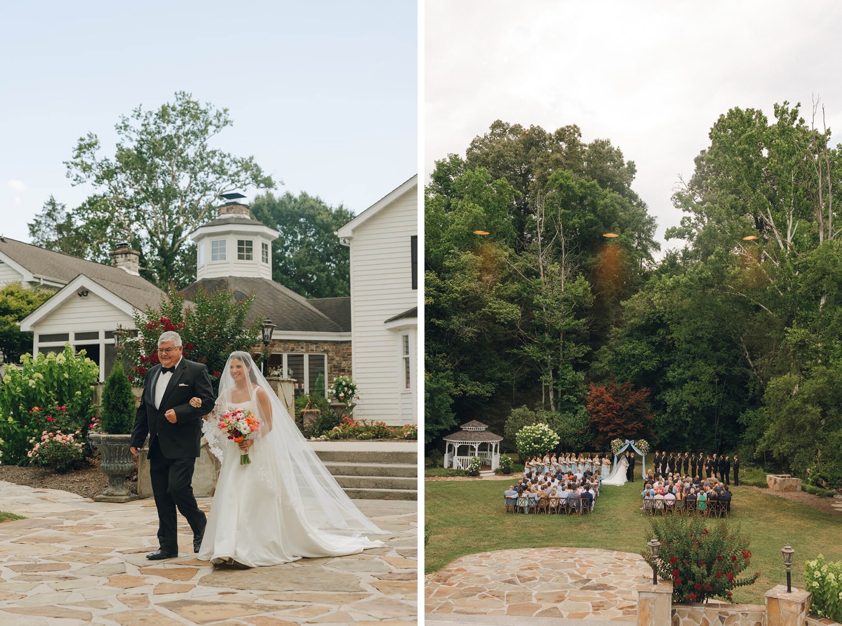 A bride walks down the aisle under her vail with dad next to a look down on a Dara's Garden wedding ceremeony in progess