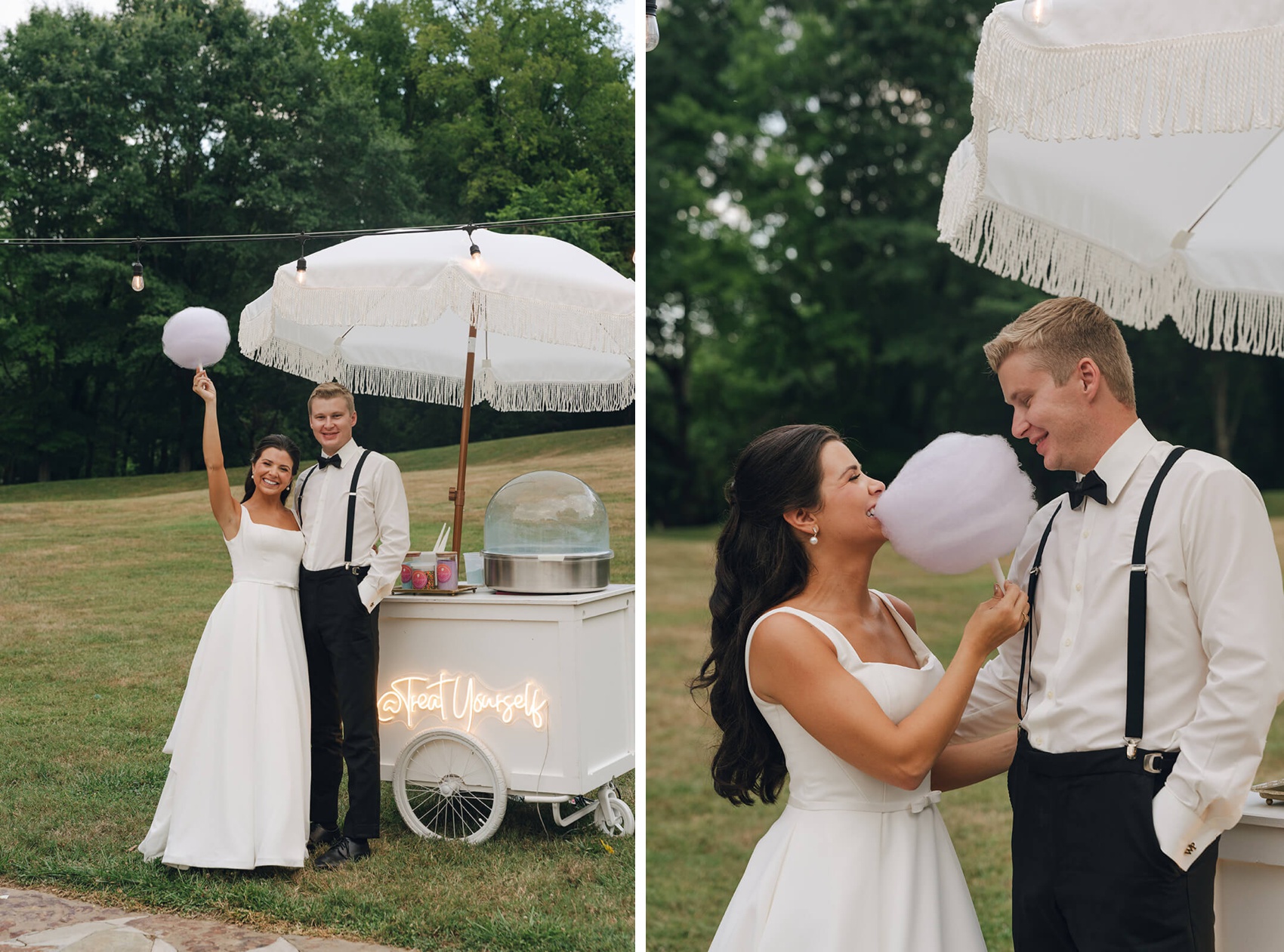 a bride and groom laugh and play while standing by their cotton candy cart