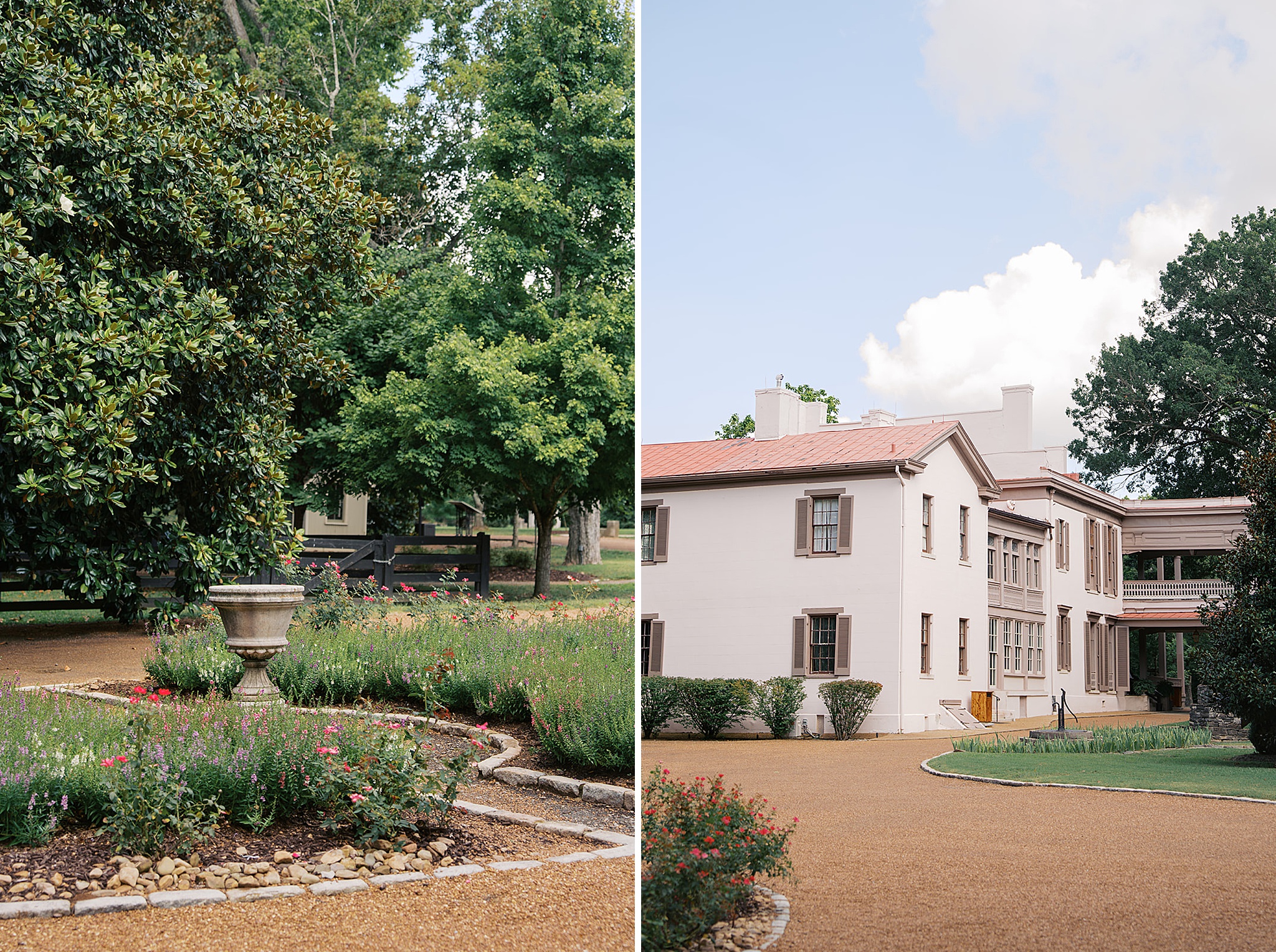Details of colorful gardens and gravel pathways around a wedding venue