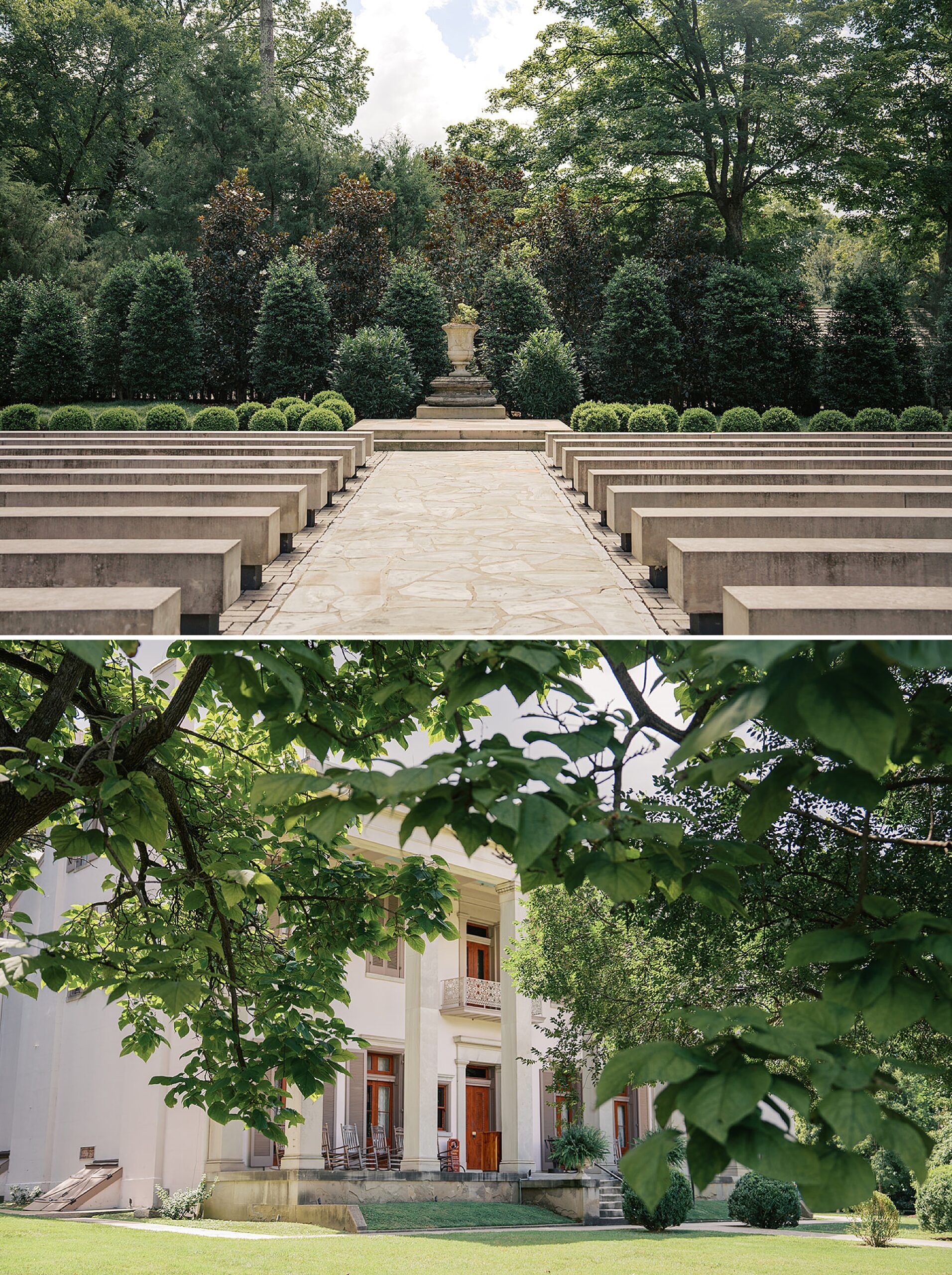 A look down the aisle of a garden wedding ceremony location above a peek at the large historic structure