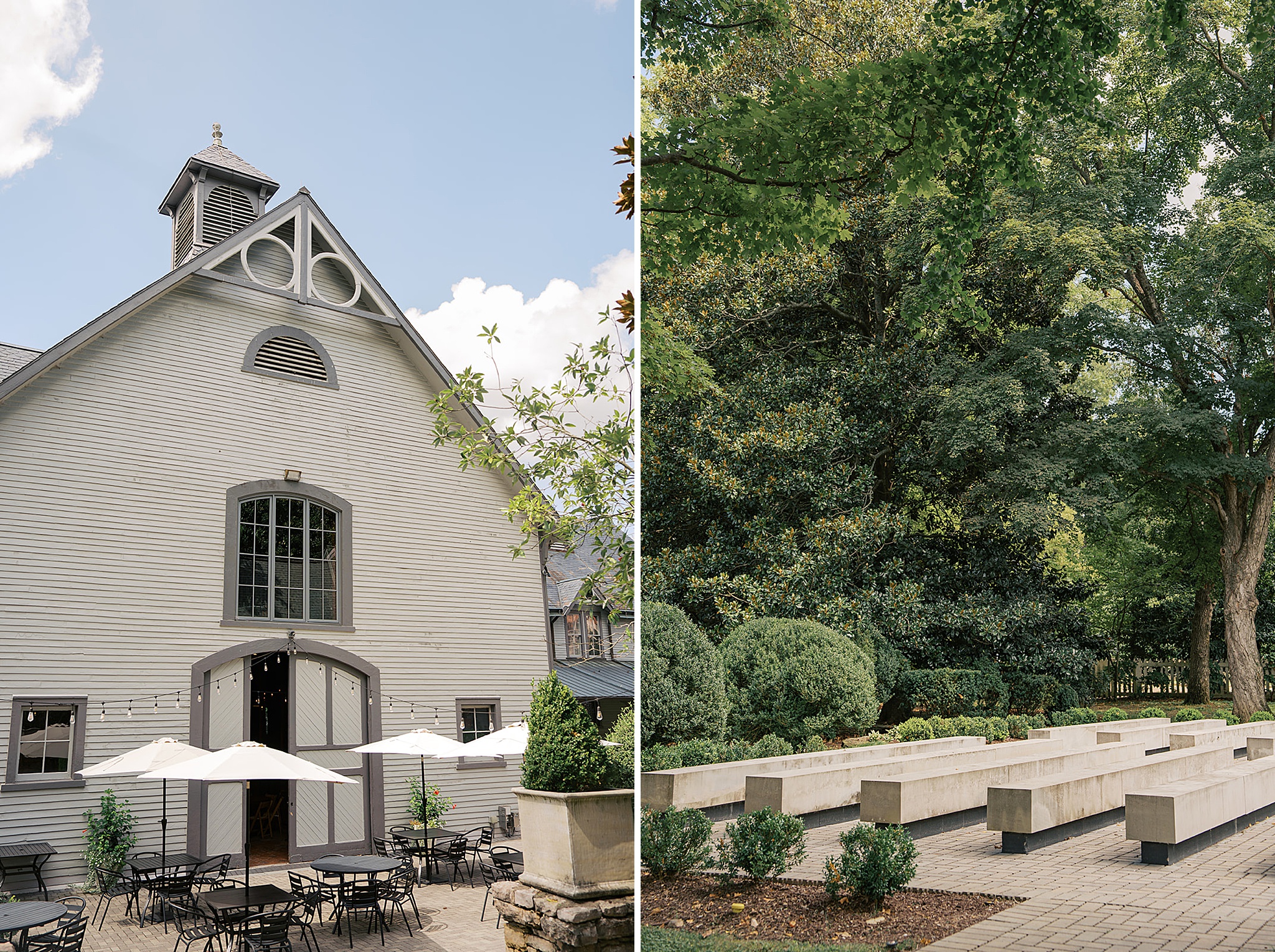 A look at the back patio and concrete garden ceremony benches of the belle meade wedding venue