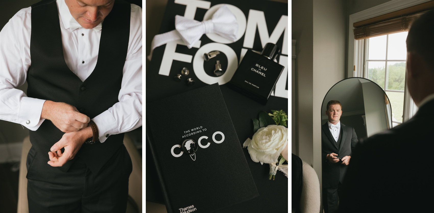 A groom gets ready in a mirror with his groom details on a table