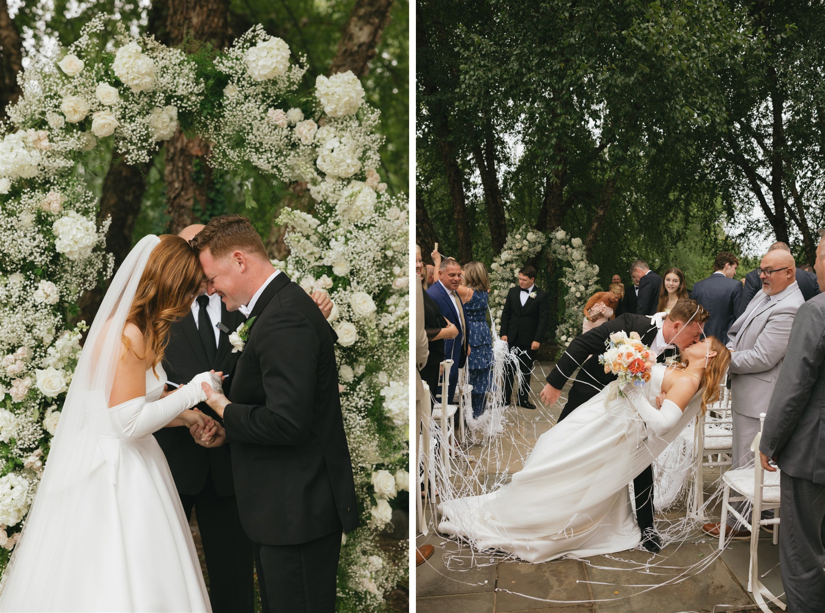 a groom dips his bride for a kiss under streamers next tot hem holding hands and touching foreheads during the Black Horse Manor ceremony