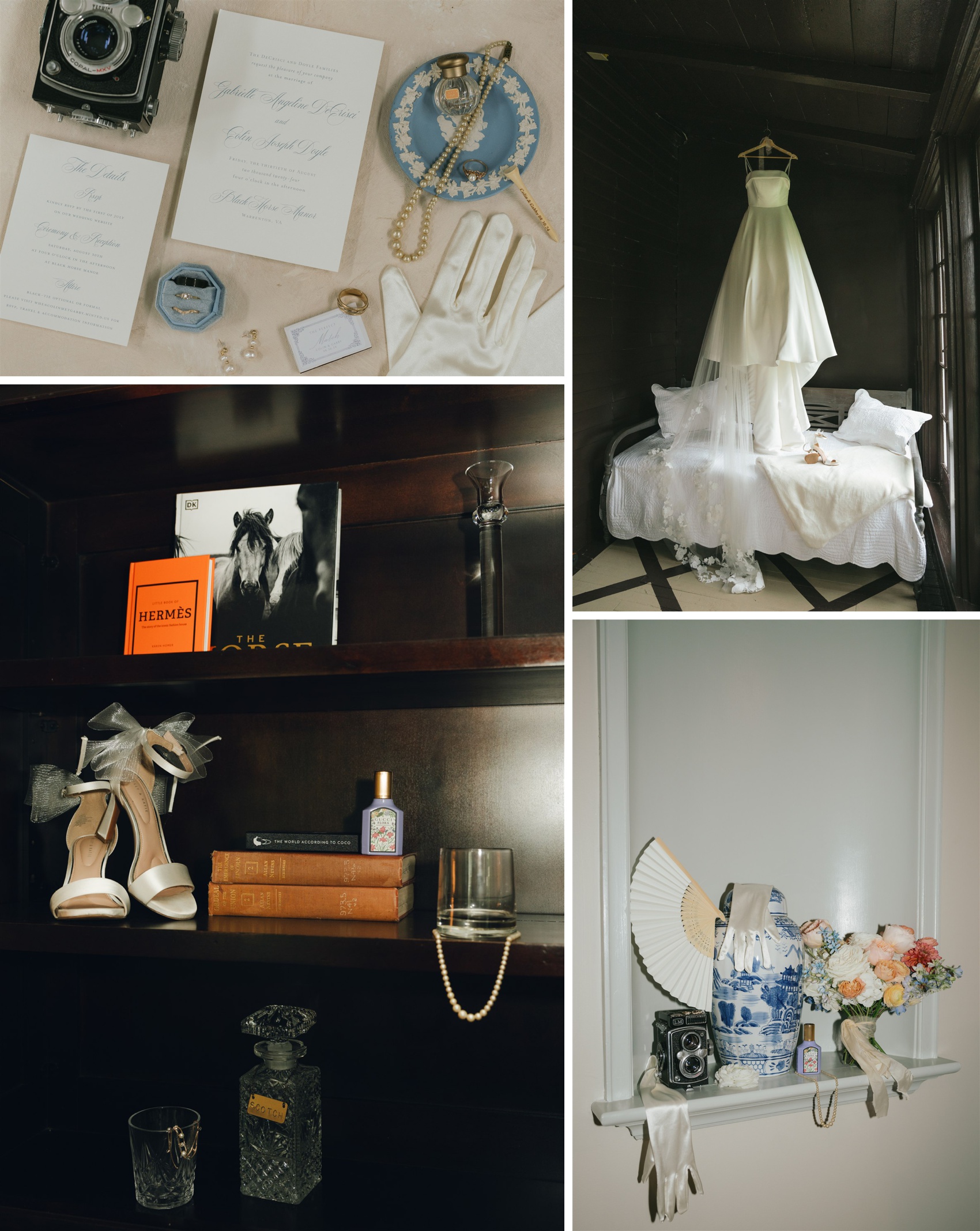 bridal details in a collection of images including gloves, jewelry, shoes and the dress hanging above a bed