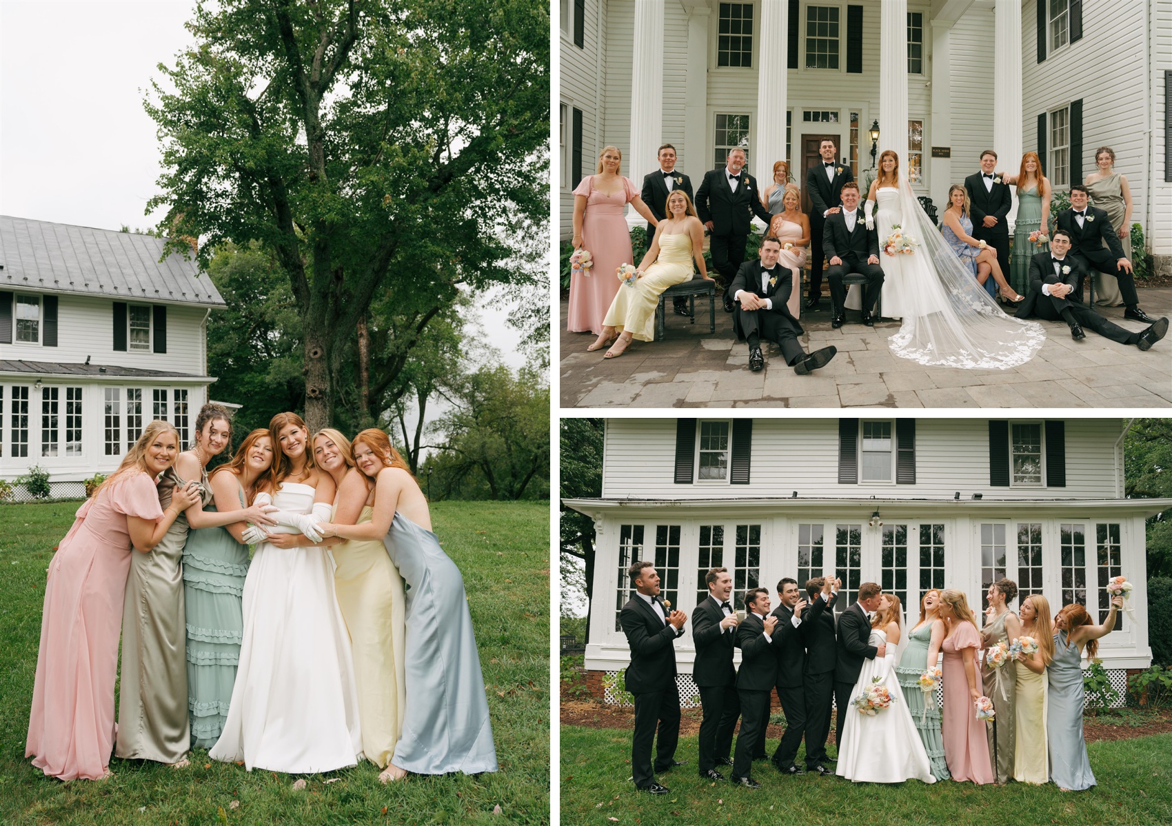 a collage of the bride and groom with their pastel colored wedding party at Black Horse Manor