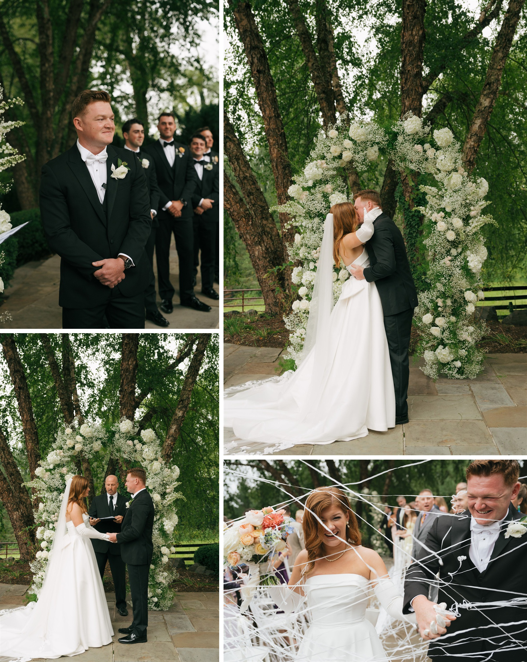 a collection of images of a bride and groom throughout their outdoor wedding ceremony on na stone patio at Black Horse Manor