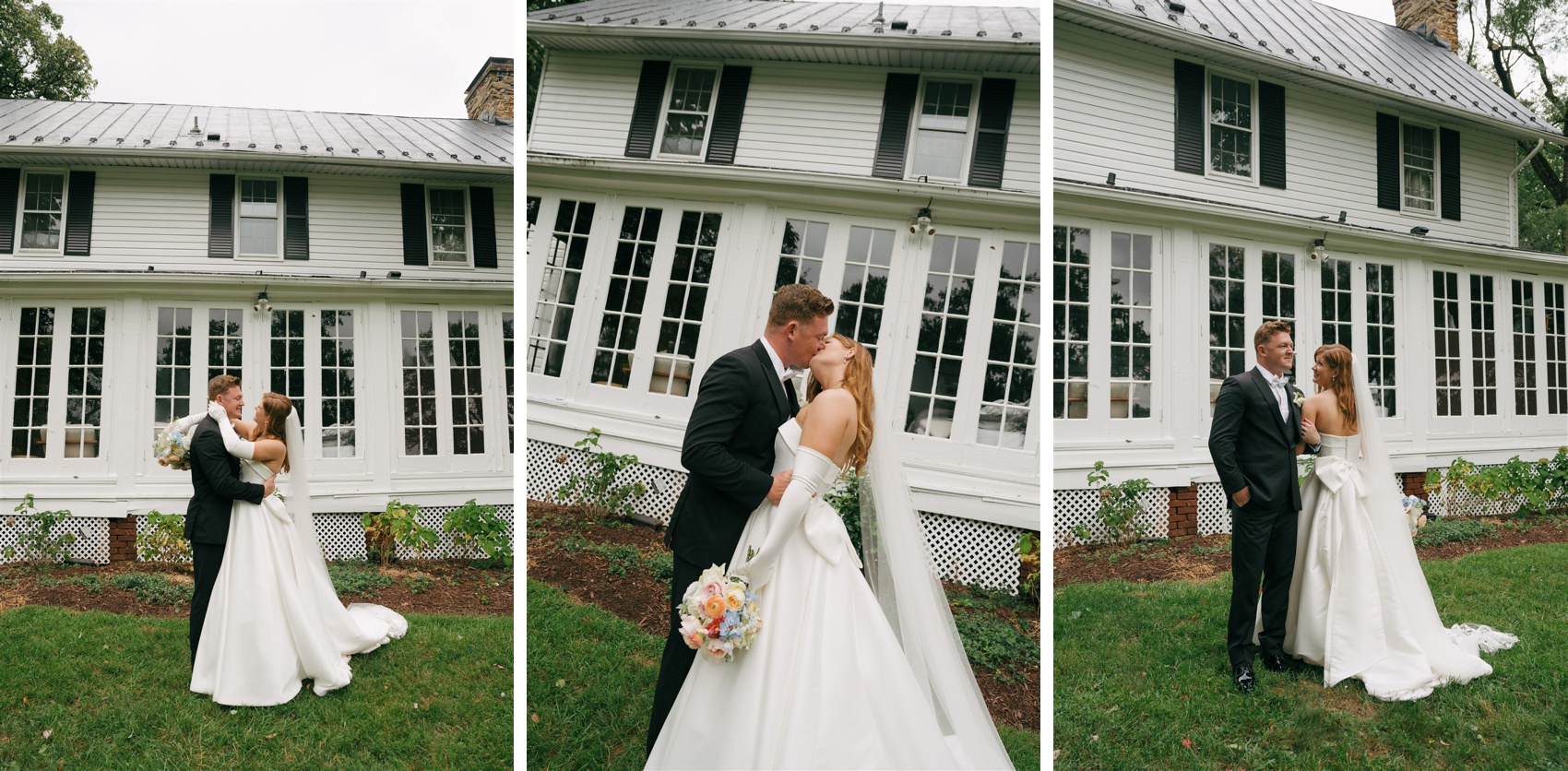 three images of newlyweds dancing, kissing and cuddling around the back lawn of their white venue