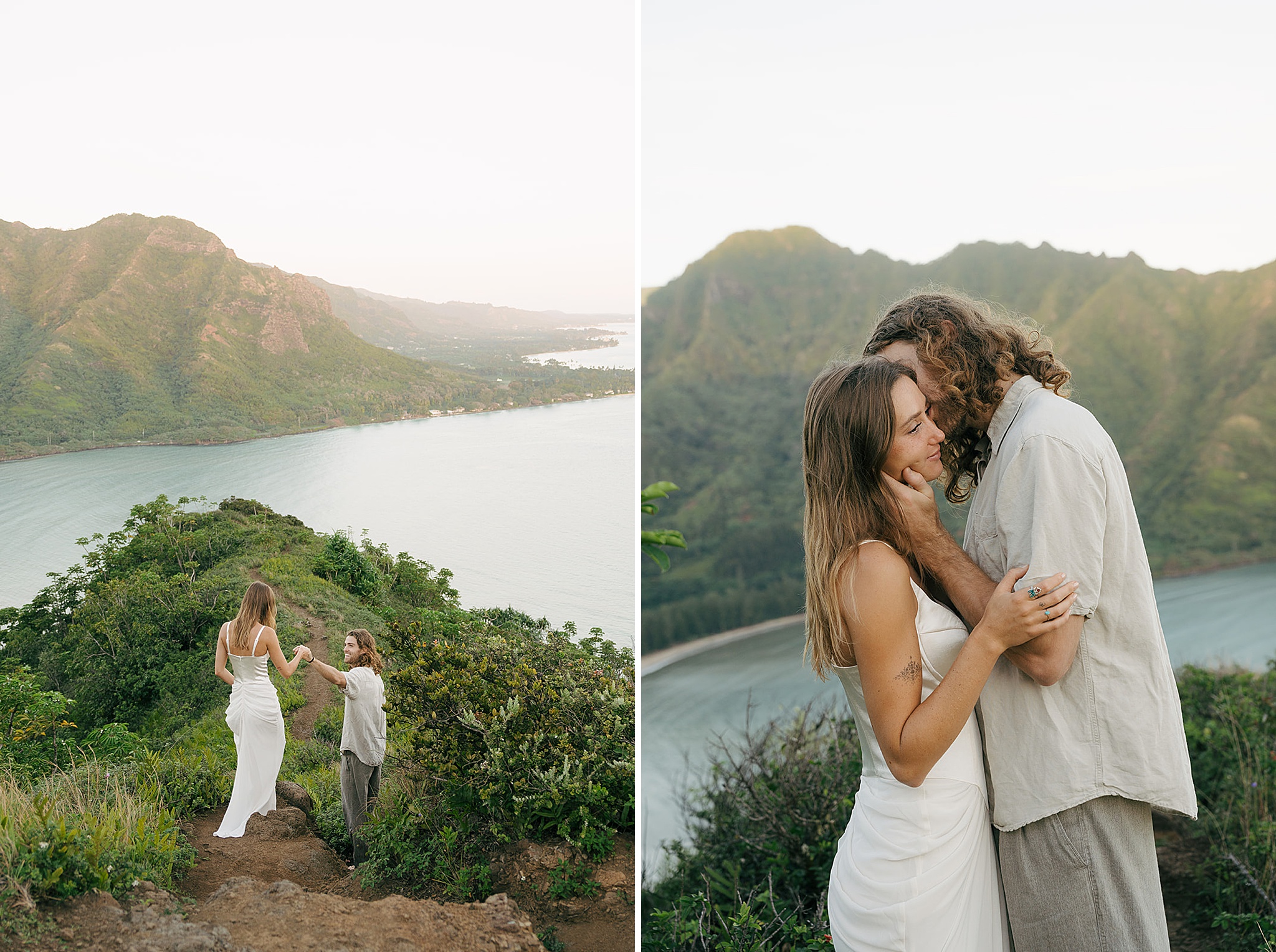 A bride and groom embrace and hike down a ridgeline holding hands in Hawaii