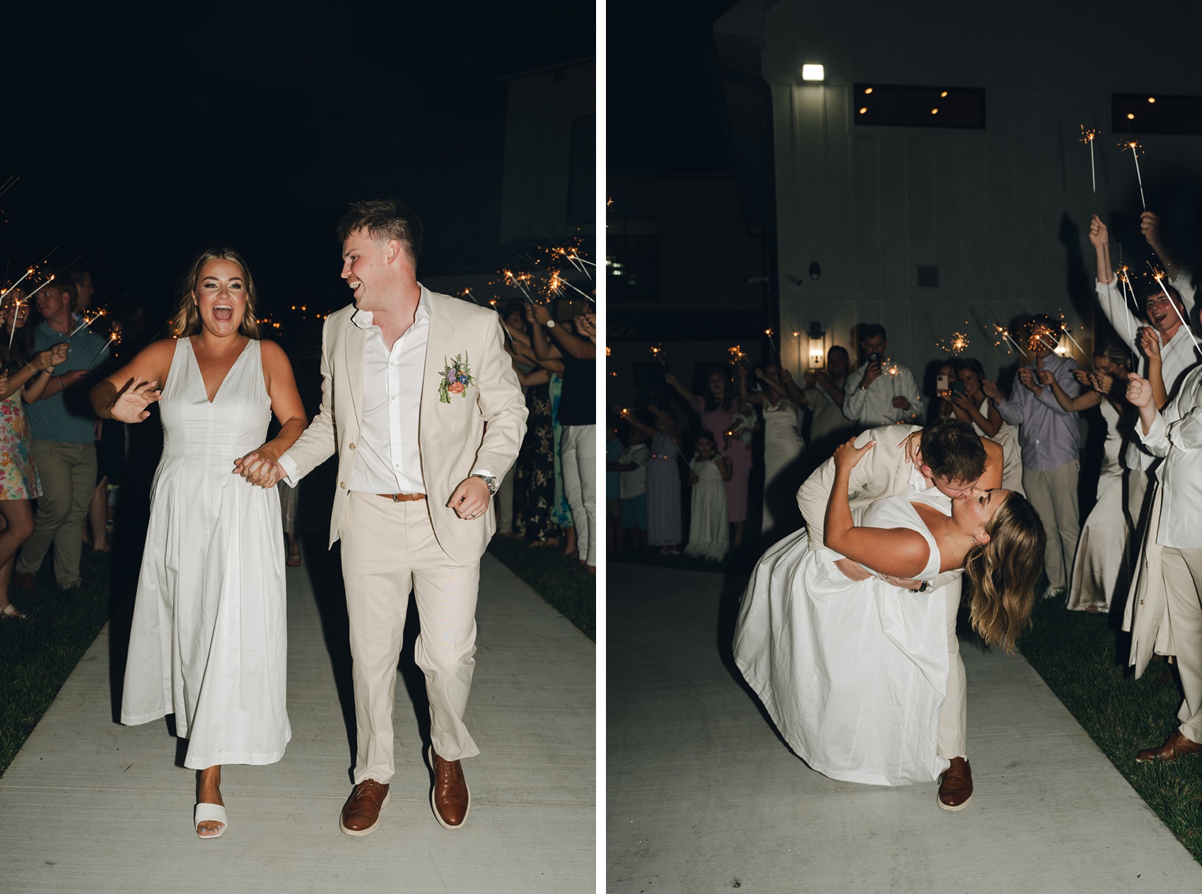 Newlyweds laugh and dip and kiss under sparklers while exiting their nichols heir wedding