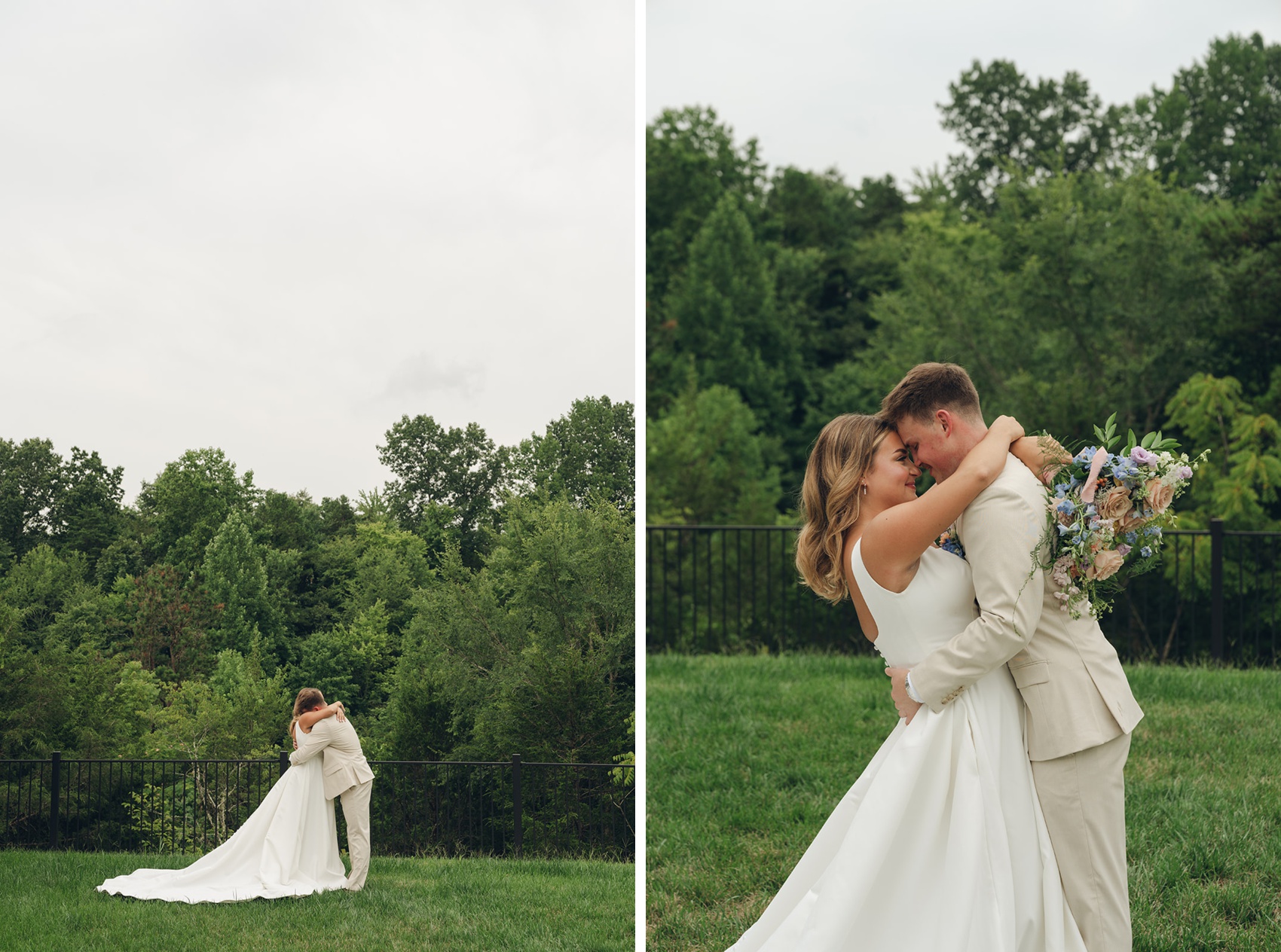A bride and groom embrace and touch foreheads in the lawn of their venue