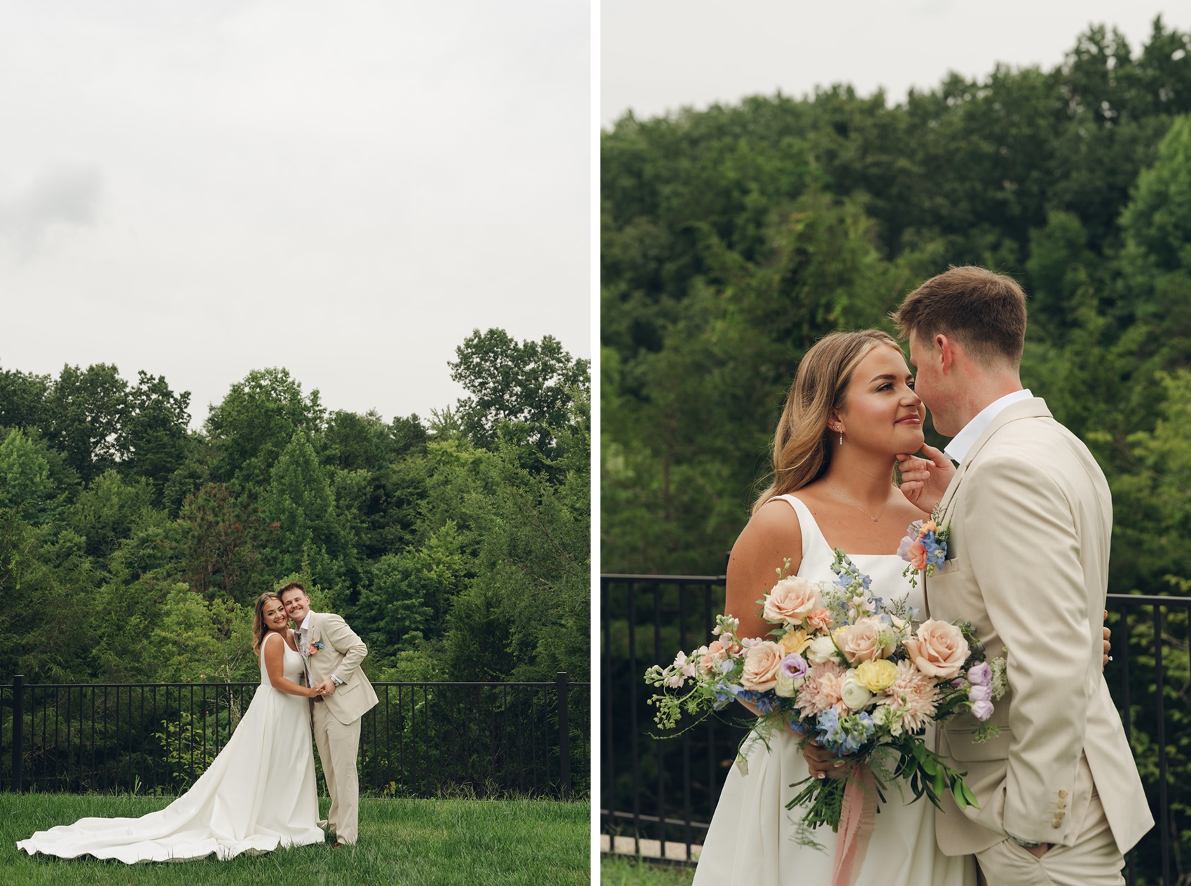 Newlyweds lean in for a kiss and hold hands in the gardens of the nichols heir wedding venue