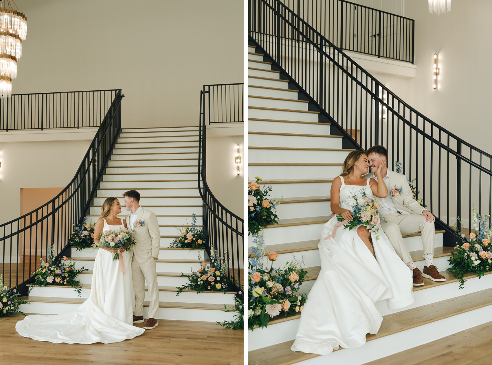 Newlyweds snuggle and stand in the grand staircase of the nichols heir wedding venue