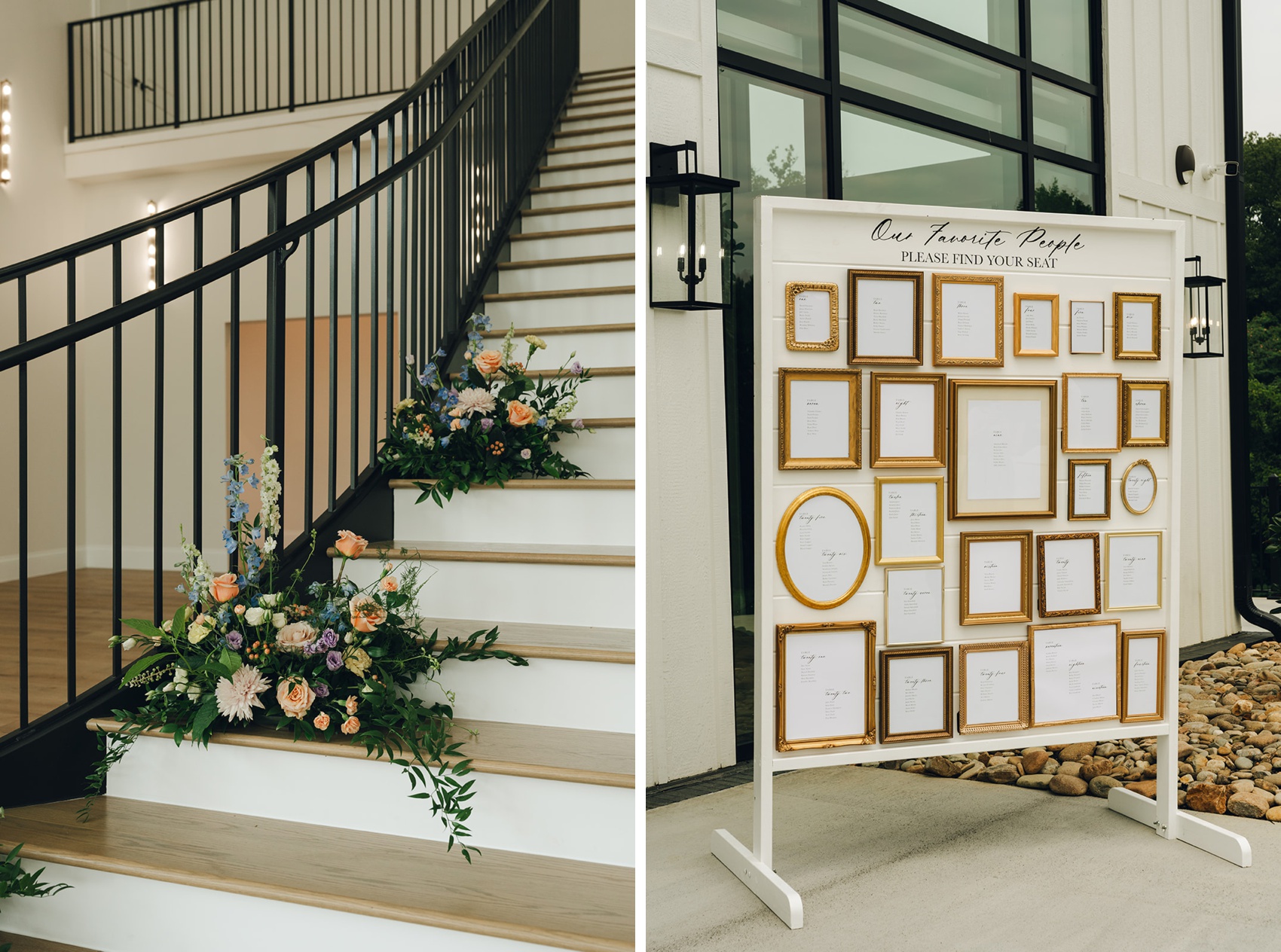 Details of florals on a grand staircase and a table assignment sign at a wedding