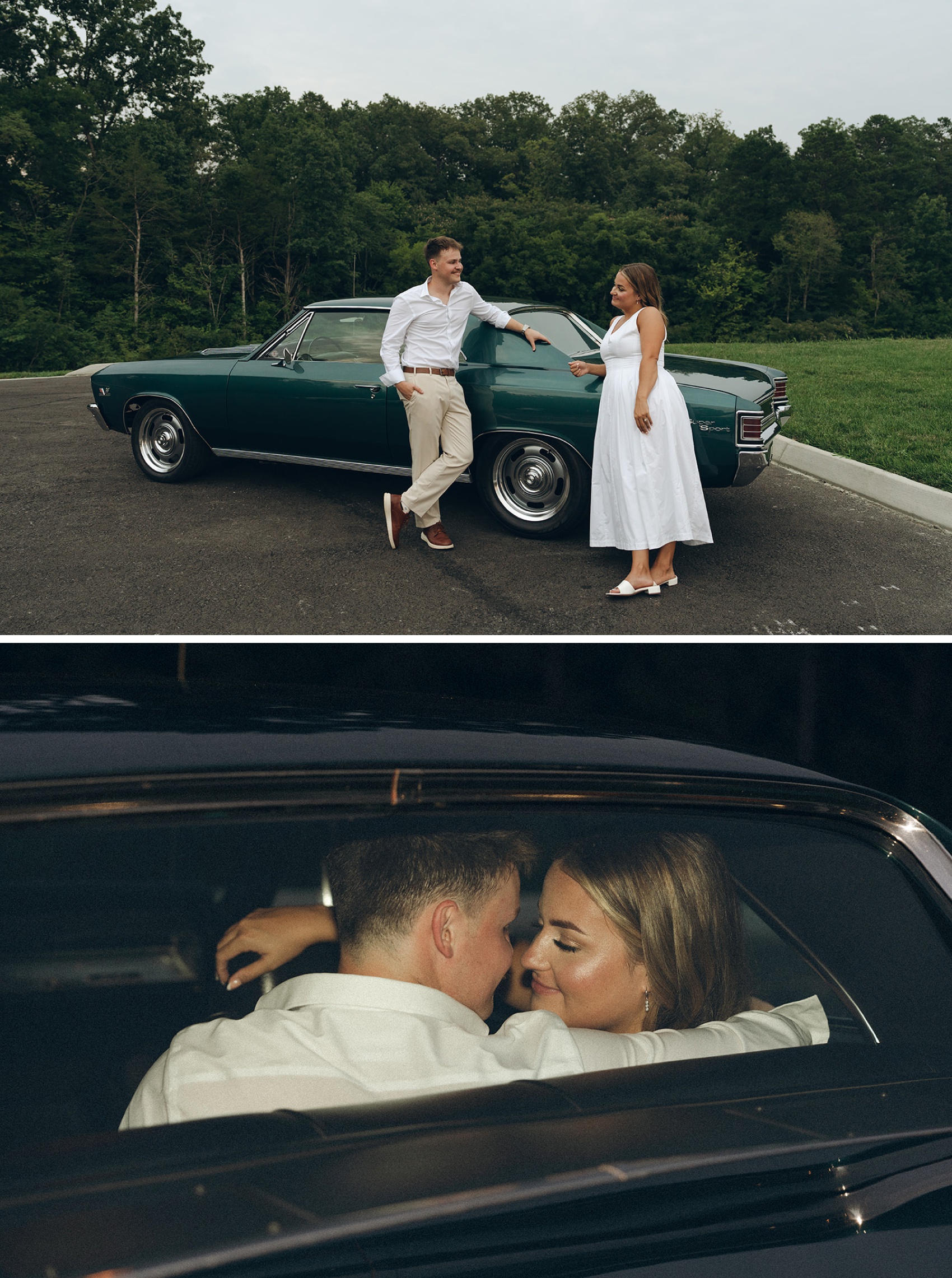 a bride and groom lean on and snuggle in the back seat of a vintage green muscle car during their nichols heir wedding