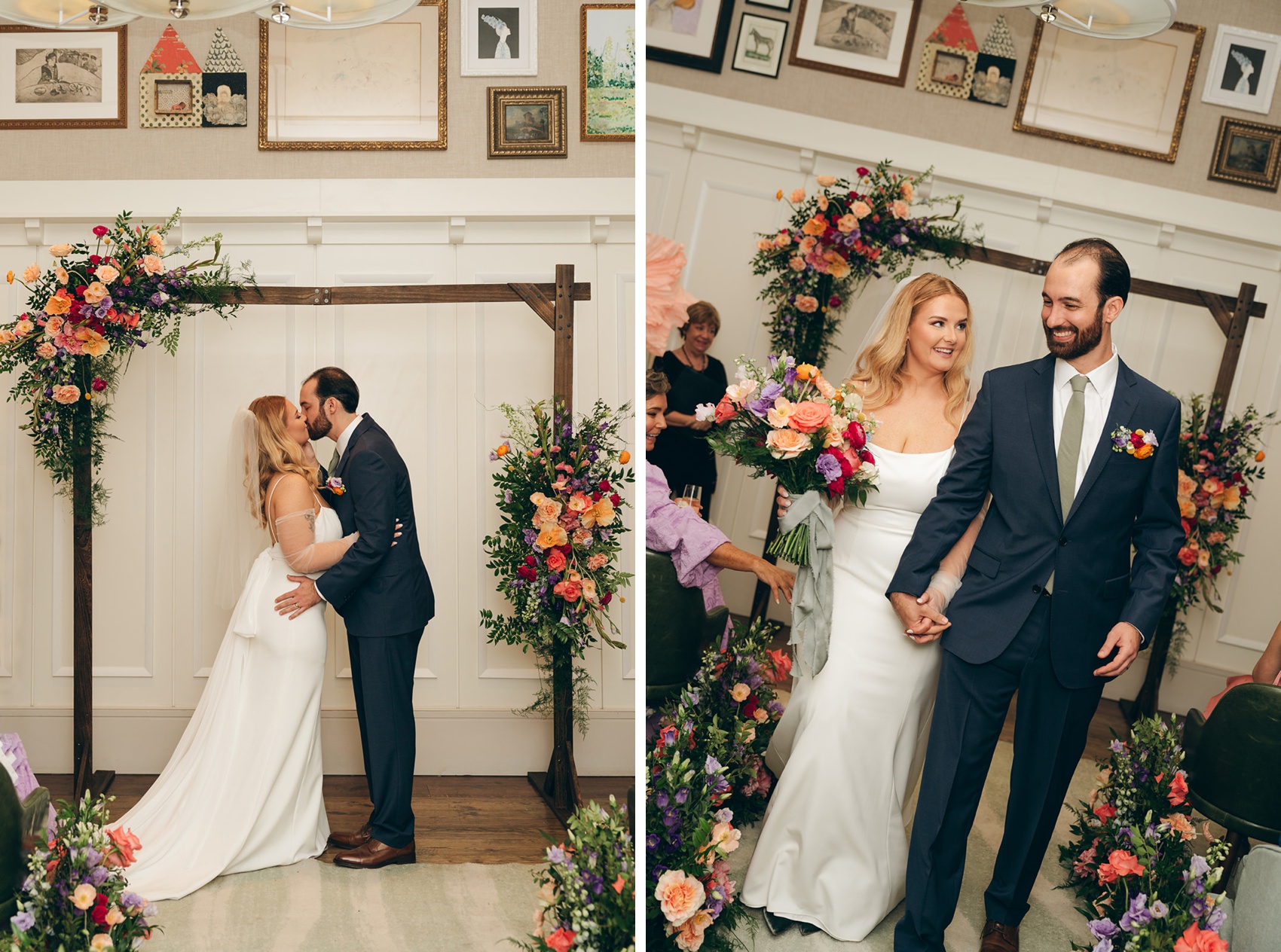 newlyweds kiss and walk up the aisle to end their beautiful perry lane hotel wedding ceremony