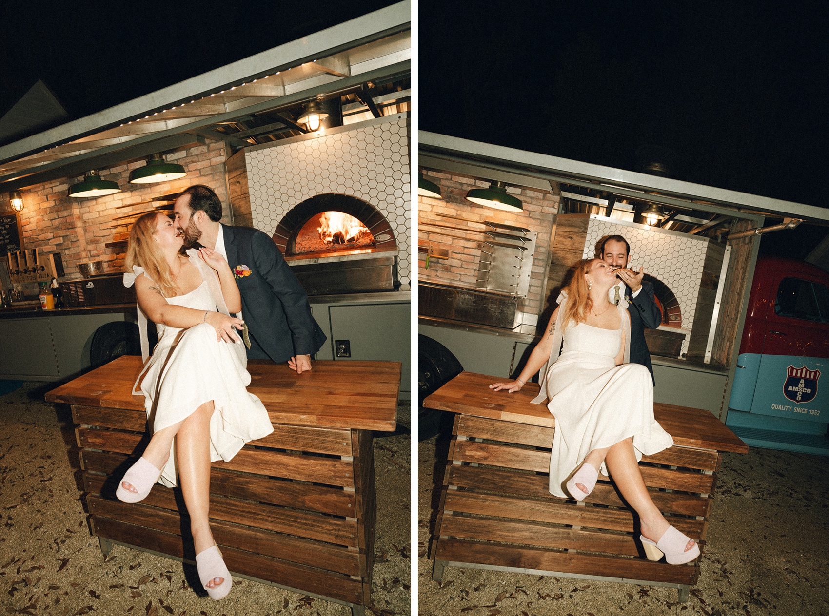 a bride and groom kiss next to the groom feeding his bride pizza in front of the outdoor kitchen