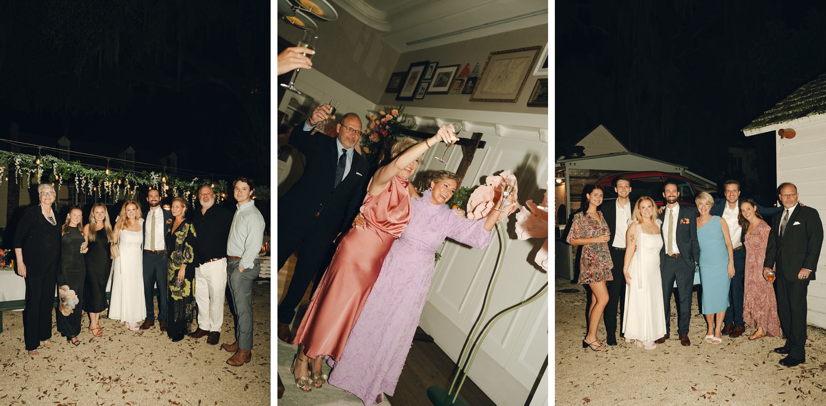 a collection of images of wedding guests and newlyweds during their outdoor reception