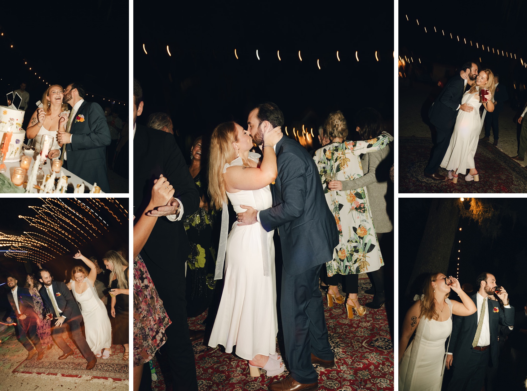 Newlyweds kiss, dance and drink around the dance floor under market lights during their perry lane hotel wedding reception