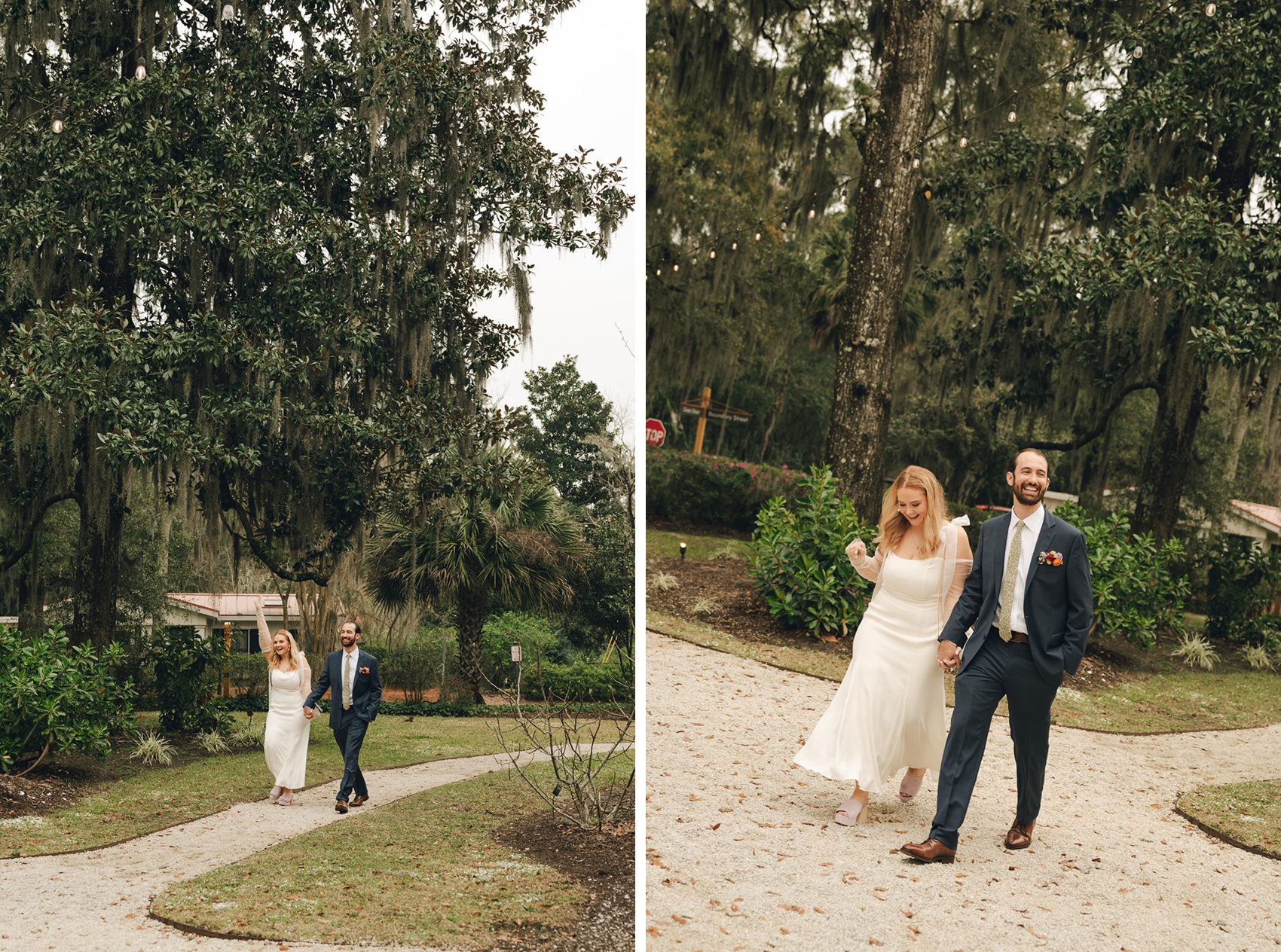 newlyweds walk hand in hand through the garden path to their outdoor perry lane hotel wedding reception