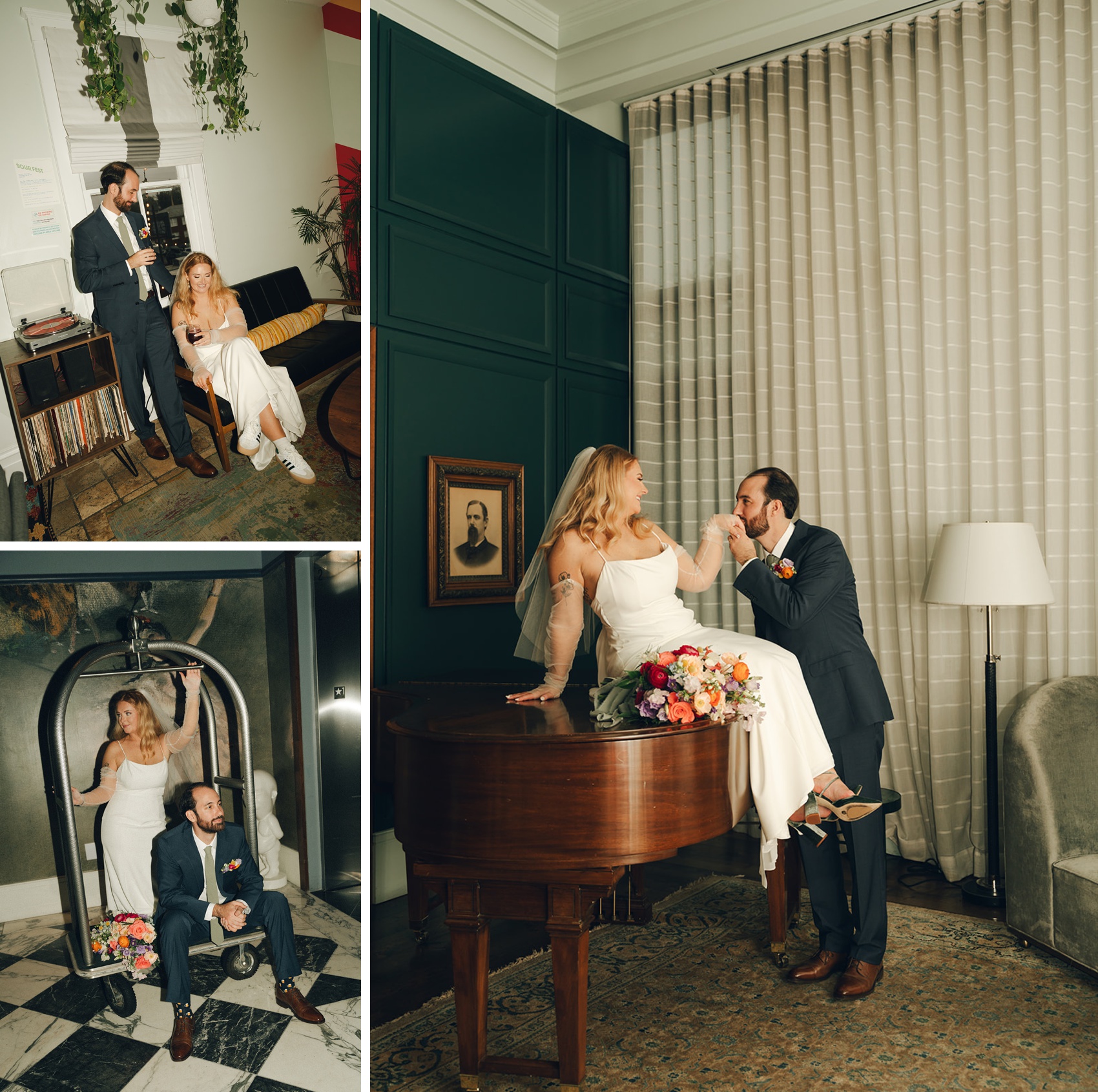 a collage of images of newlyweds playing and having around the perry lane hotel wedding venue
