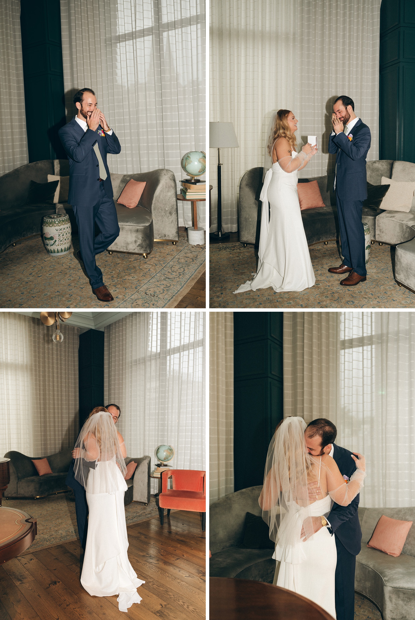 a bride and groom share happy tears during their first look inside a room