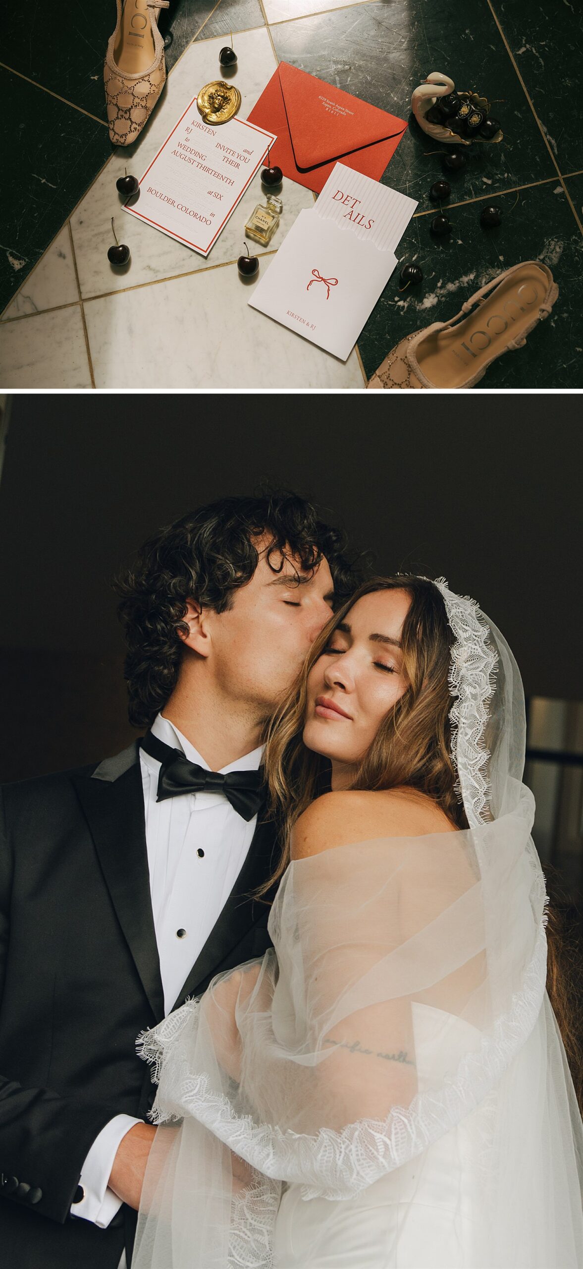 A groom kisses the cheek of his bride as they snuggle under bridal details on marble tile flooring